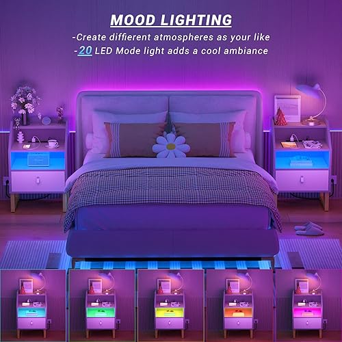 Miniatura 4 de Cyclysio Mesita de noche con estación de carga y luz LED, mesita de noche de 30 pulgadas de alto con deflector superior, mesa de noche de espacio de