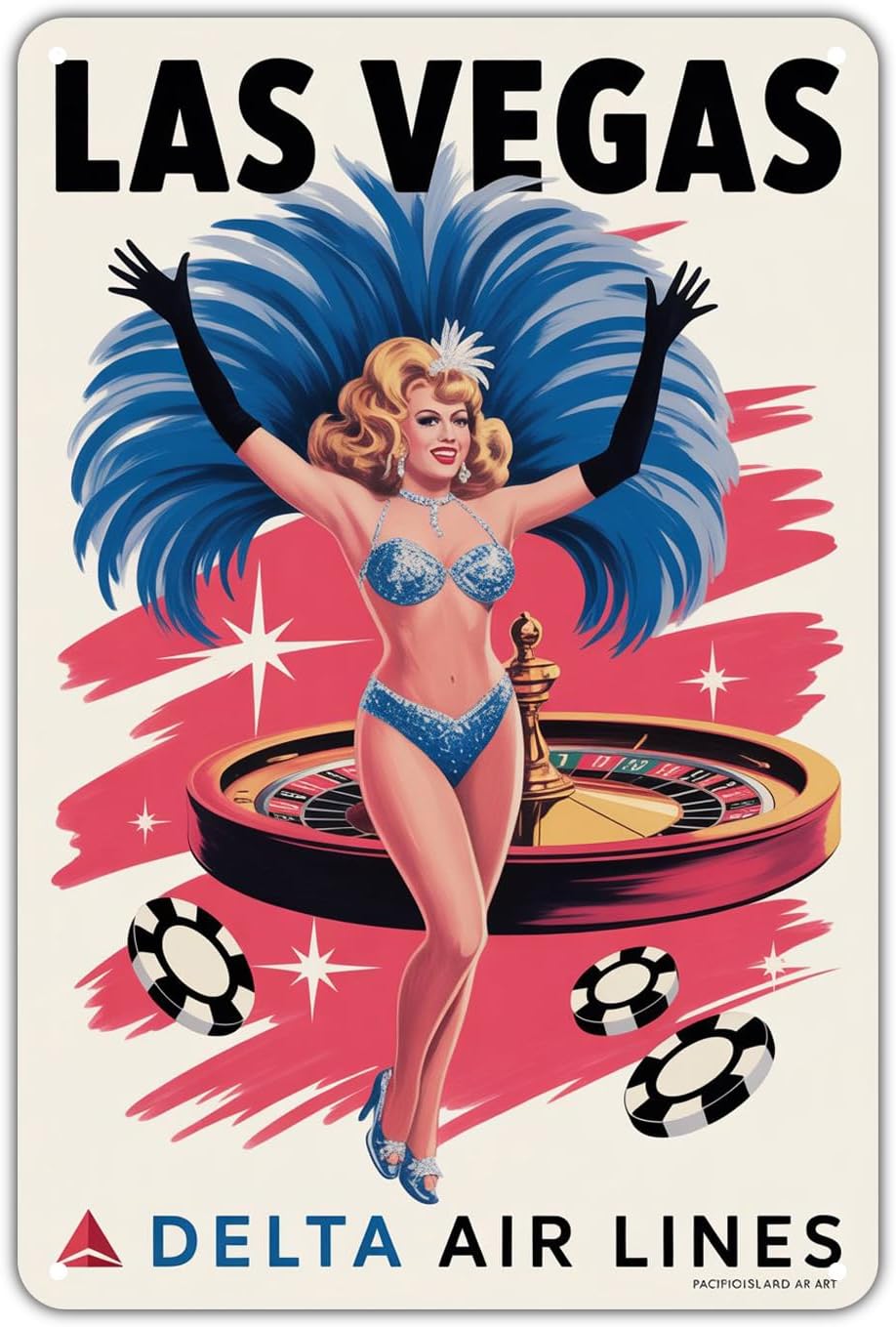 Las Vegas Showgirl tin sign, Vintage Casino Pin Up Travel Metal Sign print Home Decor for Bedroom Kitchen Bar Indoor Outdoor, 8 X 12 in