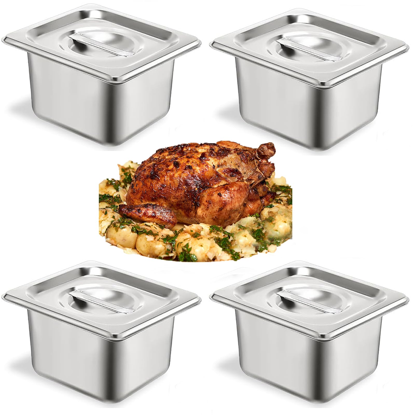 4 contenitori GN con coperchio, contenitore Gastro, contenitore in acciaio inox con coperchio, contenitore in acciaio inox con coperchio, dimensioni 1/6 17,5 x 16 x 10 cm