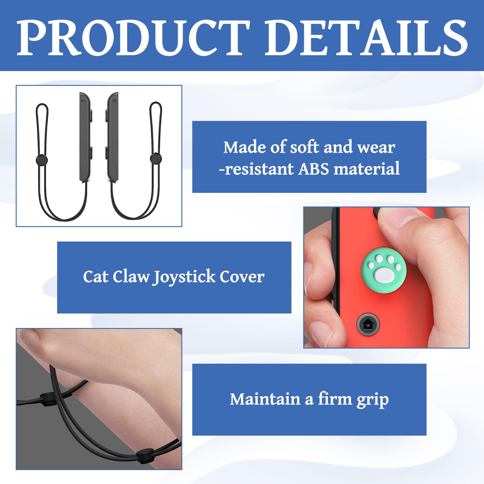 Kuugeo Manette pour Switch Dragonne, 6 pièces Dragonne pour Switch 1, Dragonne pour Switch, Dragone pour Switch, Manette Joycon pour Switch, Une paire de dragonnes avec quatre capuchons de joystick. - 4