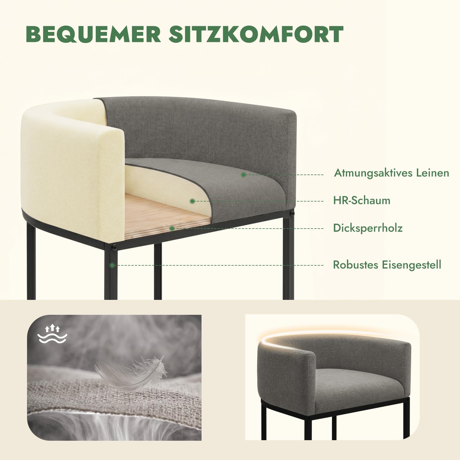 Barhocker 2er Set, Thekenhöhe Barhocker mit 62 cm hoch, Stoffbezogene Barstühle mit Leinenbezug, Küchenhocker mit Metallbeinen und Fußstütze, Tresenhocker für Küche, Esszimmer, Grau