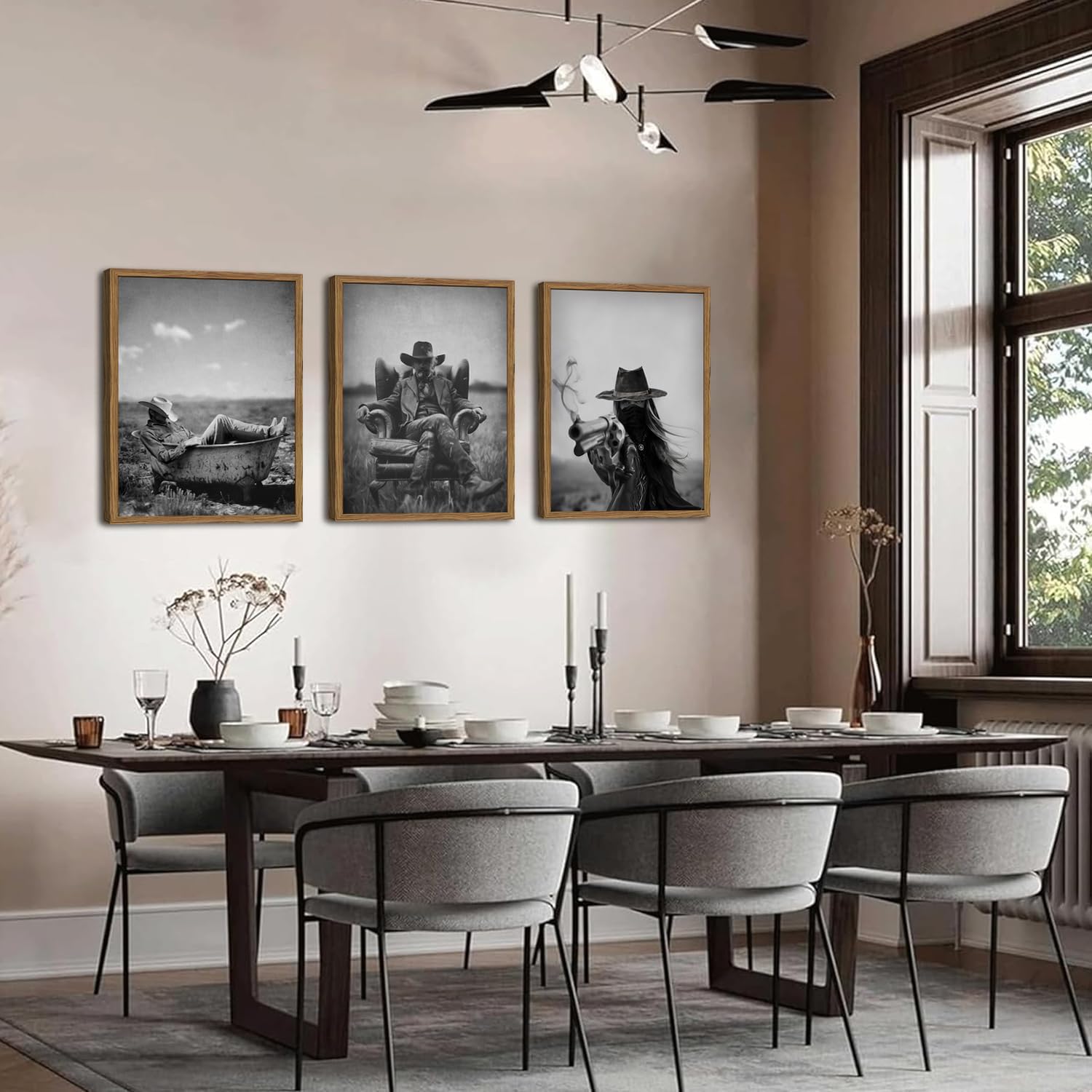 Vintage Black and White Western Cowboy Wall Art Set of 3, Retro Southwestern Wall Decor, Desert Southwest Canvas Painting Prints for Living Room Bedroom Bathroom 12x16 inch Wood Framed