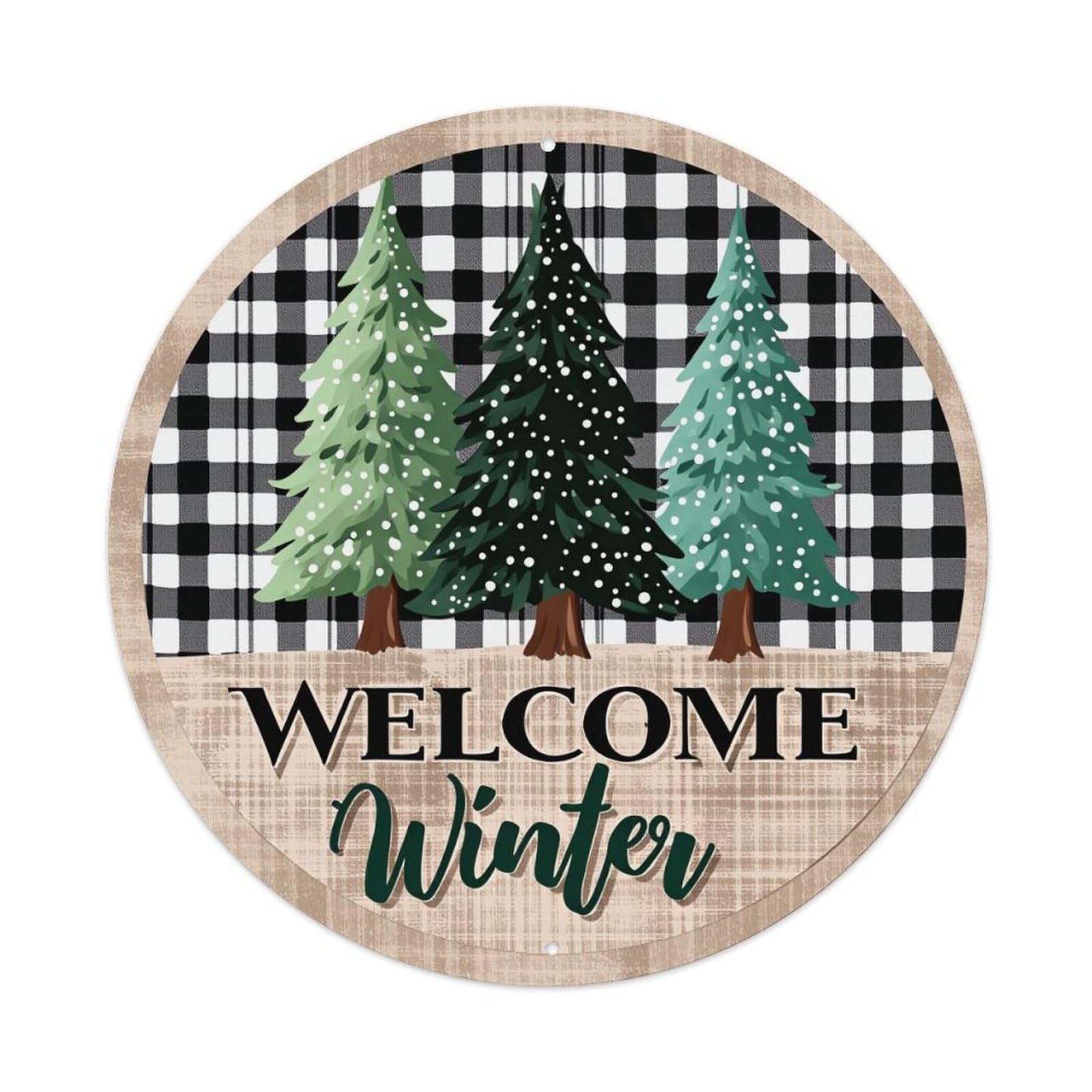 Checkered Trees Winter Welcome Pattern Retro Metal Tin Sign, Vintage Metal Poster for Bar, Home, Man Cave, Kitchen, Laundry Room Art Decor 8x8 Inch