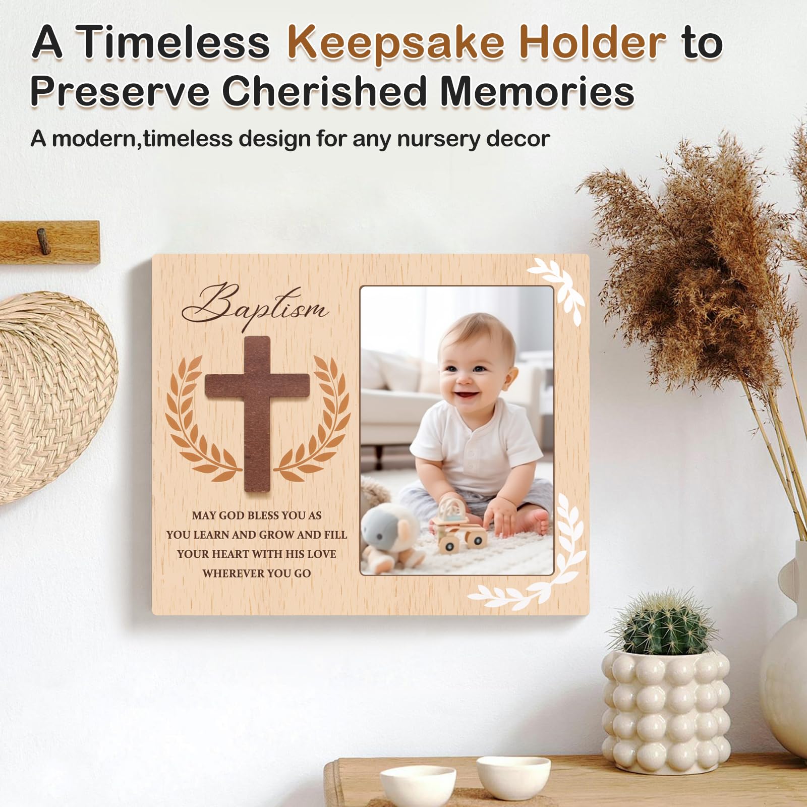 Baptism Picture Frame Gifts,Baptism Gifts for Boys Girls, Christening Baby Gift from Godparents Friends Family,3D Cross Wood Picture Frame(4x6-Vertical)