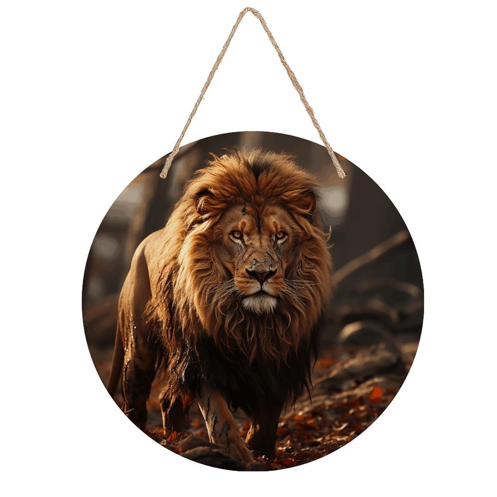 VstaDank Lion Image Wall Decor Round Wood Hanging Sign 7.9x7.9 in Wooden Circle Door Hanger with Ropes, Rustic Wall Art Decor for Home Front Door Indoor Outdoor Decoration