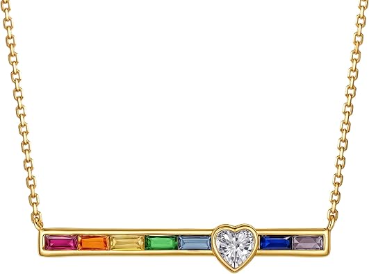 Fettero Dainty 14K Gold Plated Cubic Zirconia Necklaces for Women, Simple Bar Pendant Necklace, Mix-color Rainbow Jewelry Gold Necklace for Women Trendy Gifts