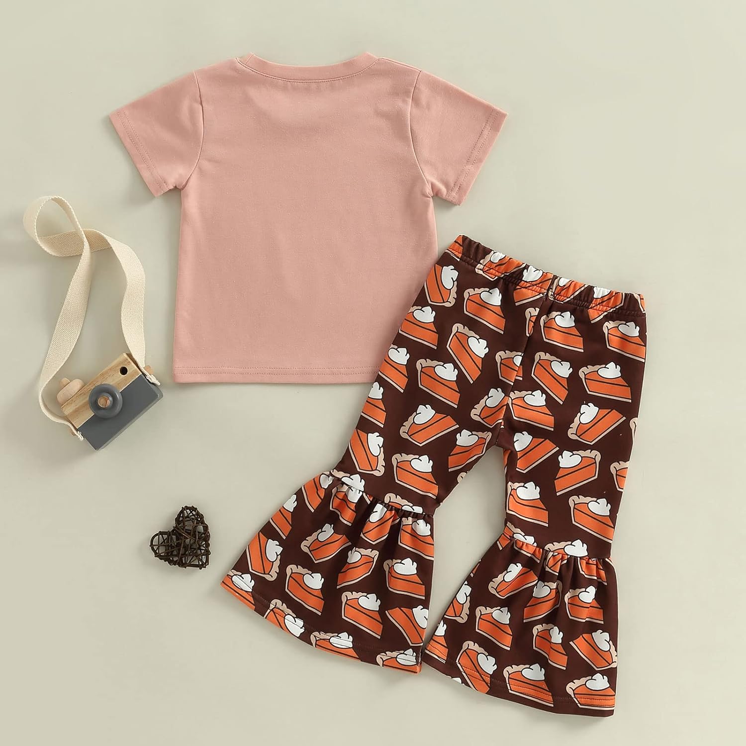 BULINGNA 2Pcs Kids Toddler Girl Thanksgiving Outfit Thick Thighs&Pumpkin Pies Letter Print Baby T-shirt Tops Flare Pants Set - Image 3