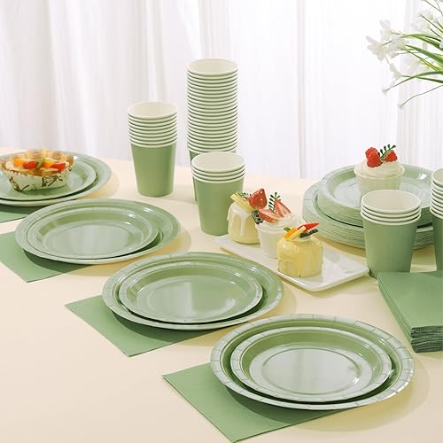 Miniatura 7 de Gudvilla Platos de papel verde salvia, platos y servilletas, suministros para fiesta, 200 unidades, decoración de despedida de soltera, cumpleaños,