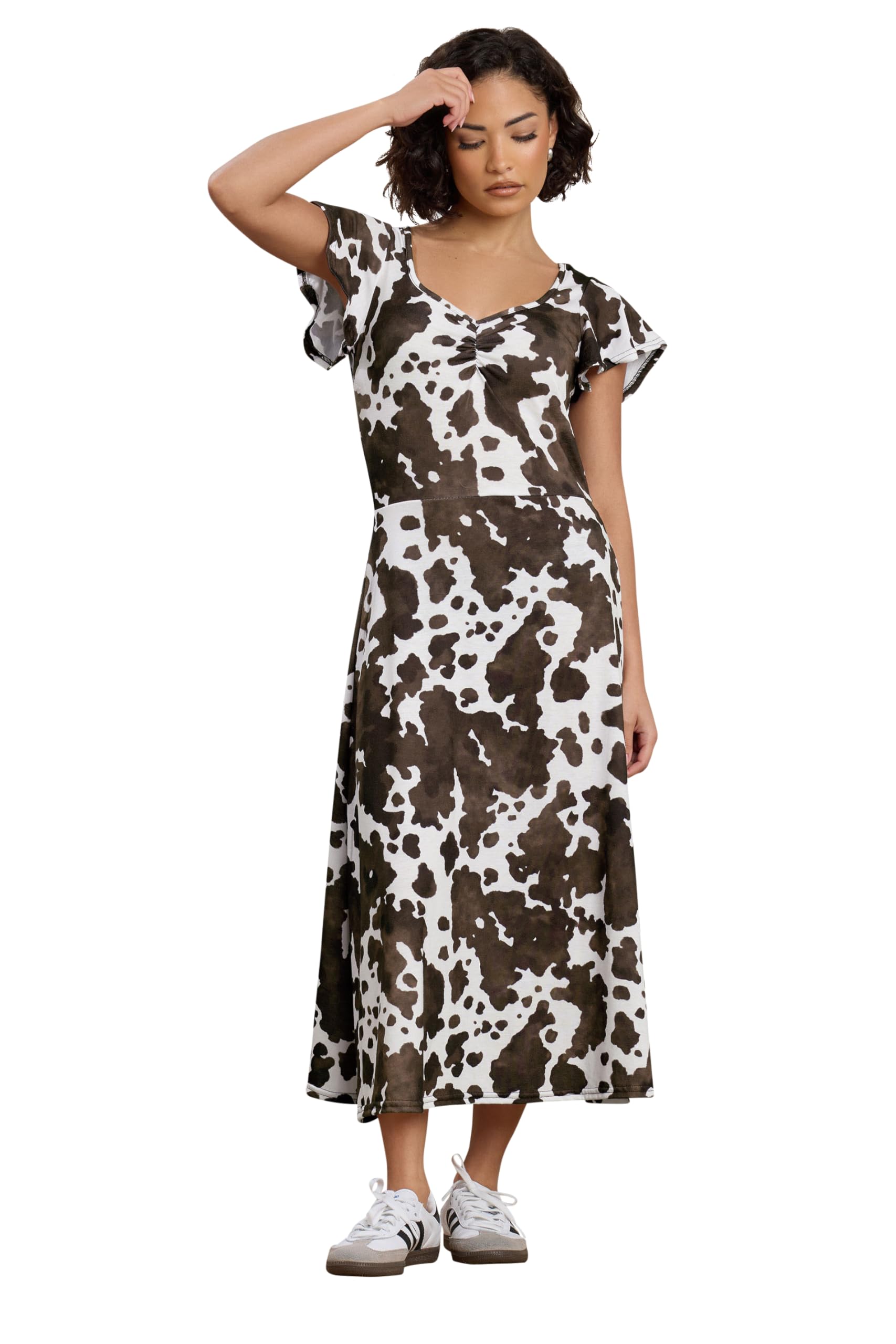 Pixiegirl Women's Brown Petite Cow Print Flutter Sleeve Dress Size 10