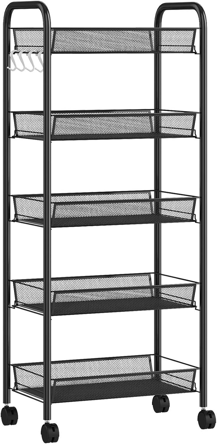 UDEAR 5-Tier Rolling Metal Utility Cart ,with Roller Wheels Mobile Storage Organizer,Black