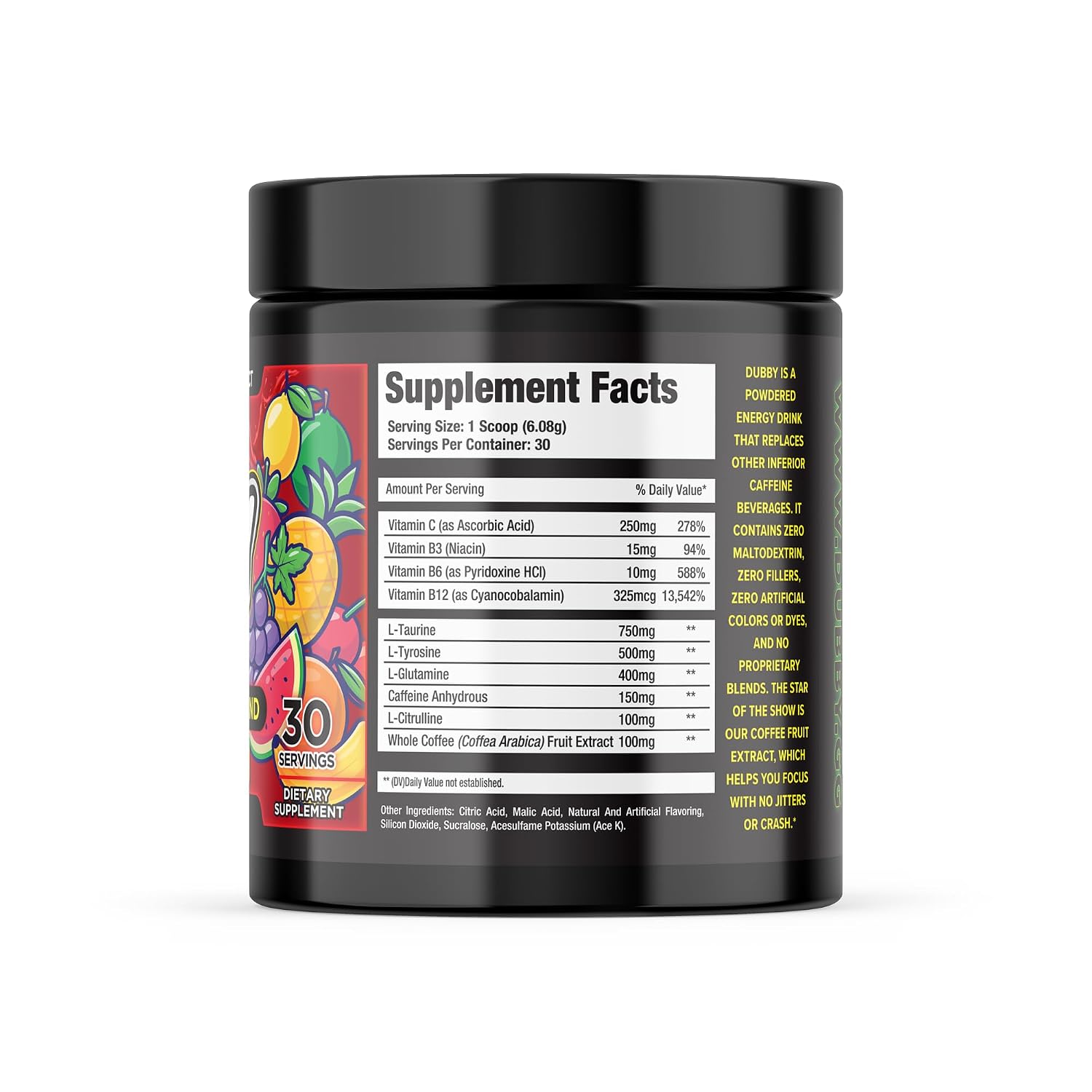 Dubby - Gamer Energy Drink Powder for Gaming - Sugar Free Energy Drinks, Nootropics Jitter-Free Natural Energy Powder, Fruit Punch Lemon Lime Flavor, 30 Serving, 5.61 Ounces (Pushin Punch)