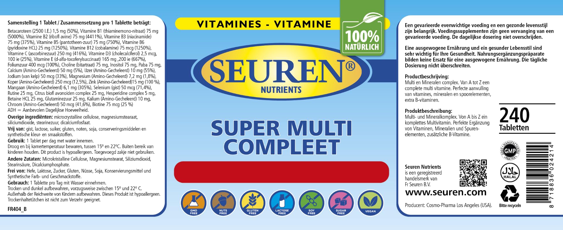 Seuren Nutrients | Super Multi Compleet | Multivitamine | 240 Tabletten | Männer & Frauen| Glutenfrei | Laktosefrei | Zuckerfrei | (100% natürlich)| hochdosiert multivitamine