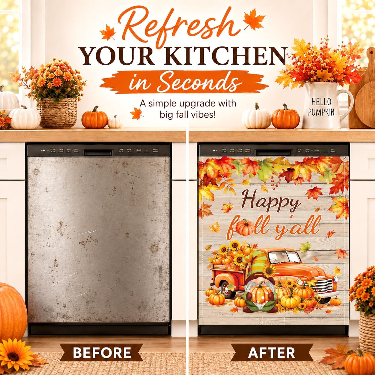 Happy Fall Y'all Dishwasher Magnet Cover, 23x26In Pumpkin Autumn Dishwasher Magnetic Covers Spring Decor Dishwasher Magnets for Kitchen Decoration Funny Refrigerator Magnet Cover Fridge Panel Decal