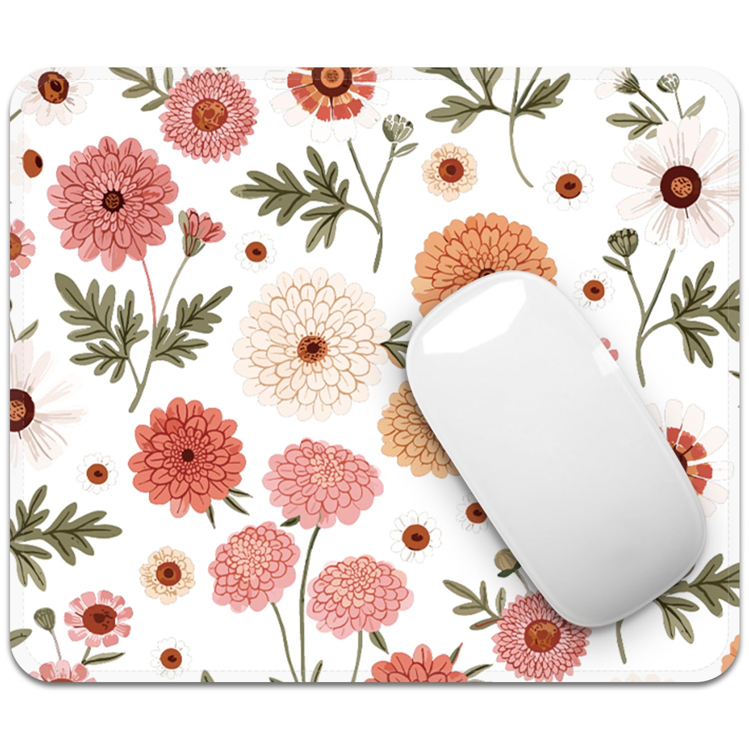 FROGIGO Mouse Pad with Stitched Edges - Cute Floral Mousepad for Women, 9.25 x 7.75 inch Washable Square Desk Pad, Non-Slip Rubber Base, Office Home Laptop Accessories - Coral Daisy