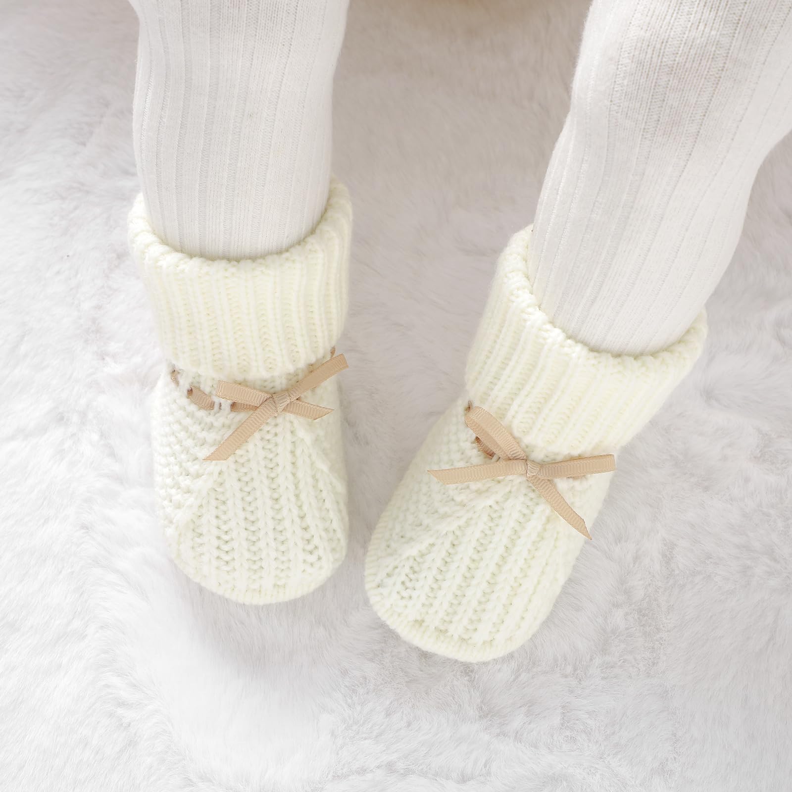 mimixiong Baby Booties Newborn Infant Hand Knitting Crochet Boy and Girl Cozy Shoes Ivory, 0 Months-3Months