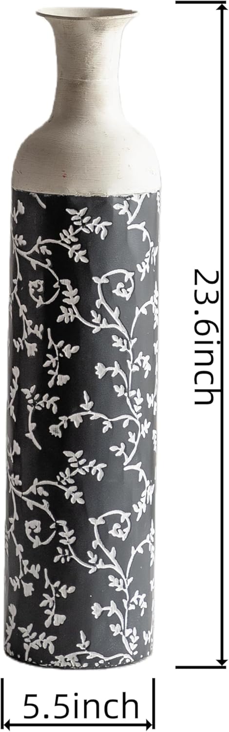 Tall Floor Flower Vase, Rustic Vintage Farmhouse Metal Vase with Floral Pattern, Decorative Wide Mouth Vase for Pampas Grass, Entryway Living Room Centerpiece