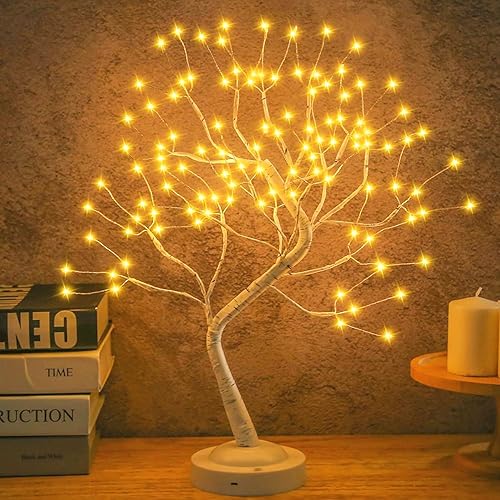 Miniatura 2 de Luz LED de árbol de abedul de mesa, árbol bonsái de 20 pulgadas, luz decorativa de hadas, árbol artificial, funciona con pilas, lámpara de ramita