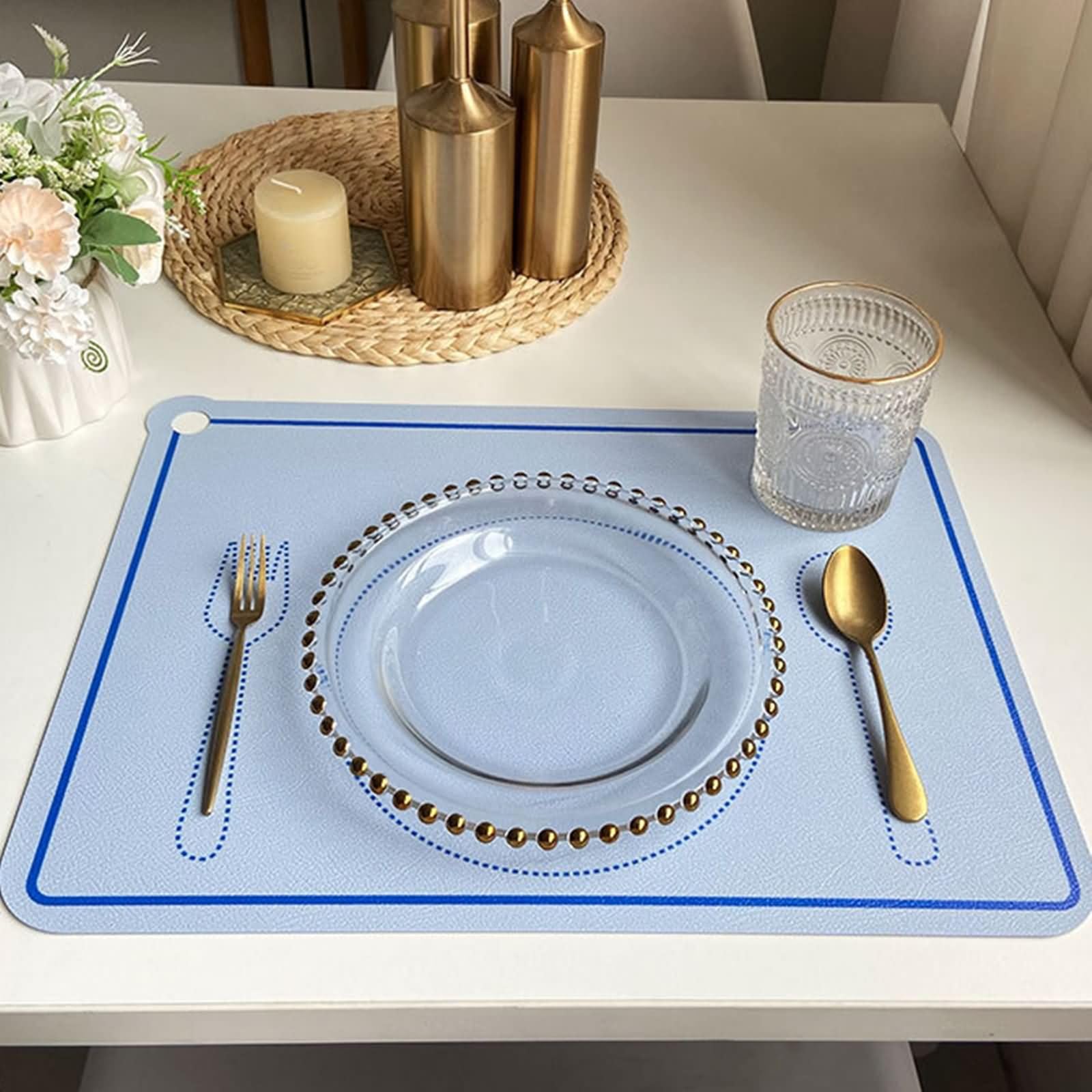 Platzset 8 Stück Waschbar rutschfest, 30 x 41.5 cm Platzsets Abwaschbar Leder Blau, Rechteck mit Löffel und Gabelmuster