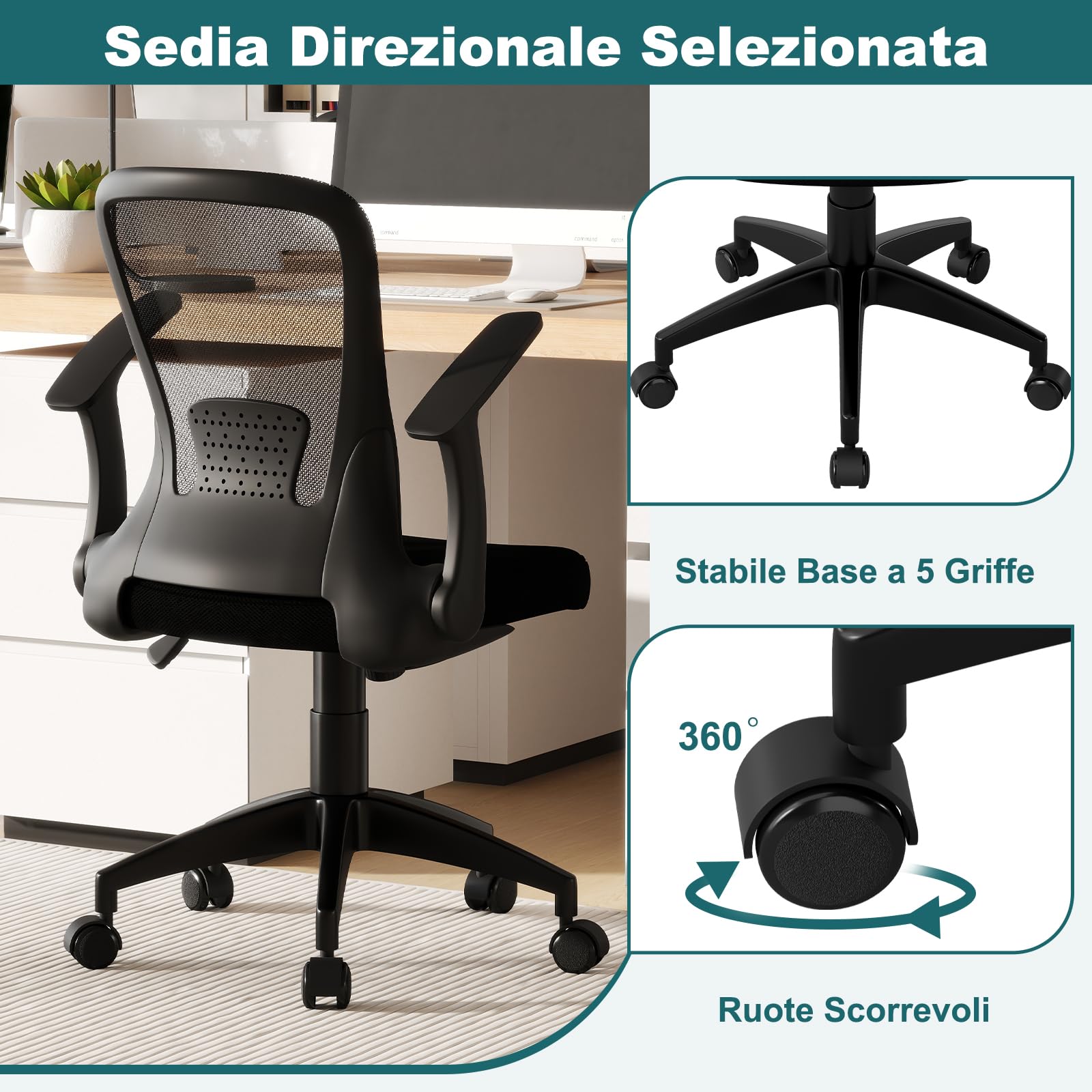 COSTWAY Sedia da Ufficio Girevole in Rete