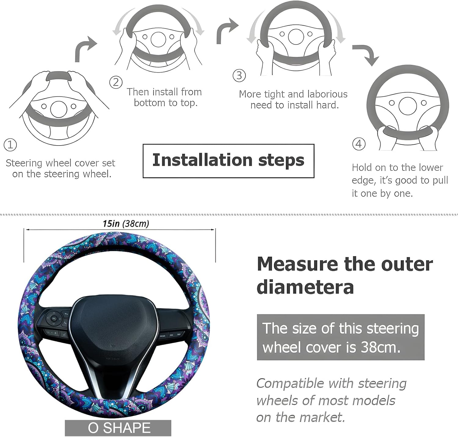 Purple Lotus Mandala Steering Wheel Cover Auto Jacquard Steering Wheel Protector, Anti-Slip, Breathable, Absorbing Sweat, Universal Car Accessories 14.5–15 inch,Fit for Most Car, Trucks, SUV