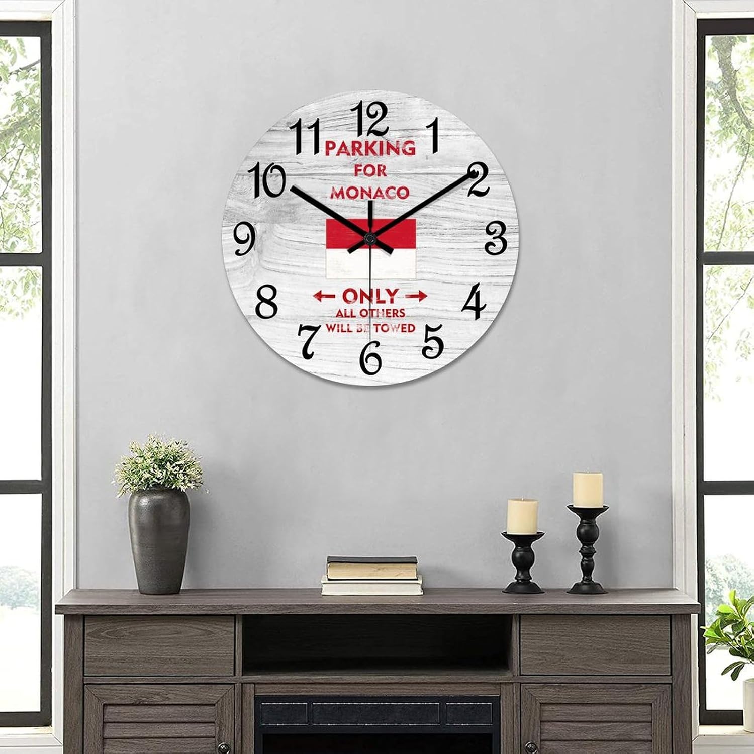 Monaco Flag Wall Clock Parking for Monaco Only All Others Will Be Towed Clock 15 Inch PVC Wall Clocks Battery Operated Non-Ticking Rustic Cabin Wall Home Decor for Farmhouse