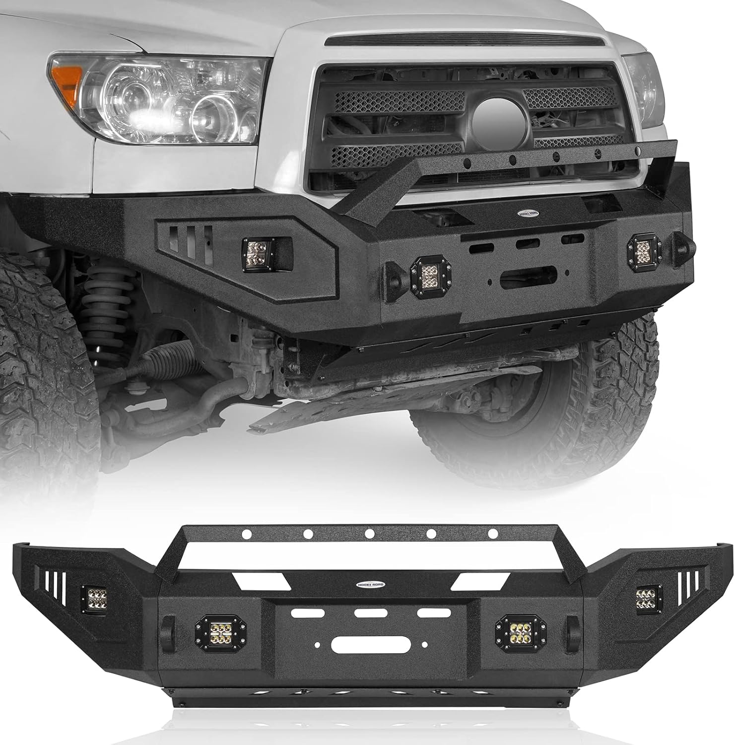 Hooke Road Tundra Front Winch Bumper for Toyota Tundra 2007 2008 2009 2010 2011 2012 2013 Pickup, Full Width Offroad Bumper with LED Lights, Skid Plate, Brush Guard Bull Bar