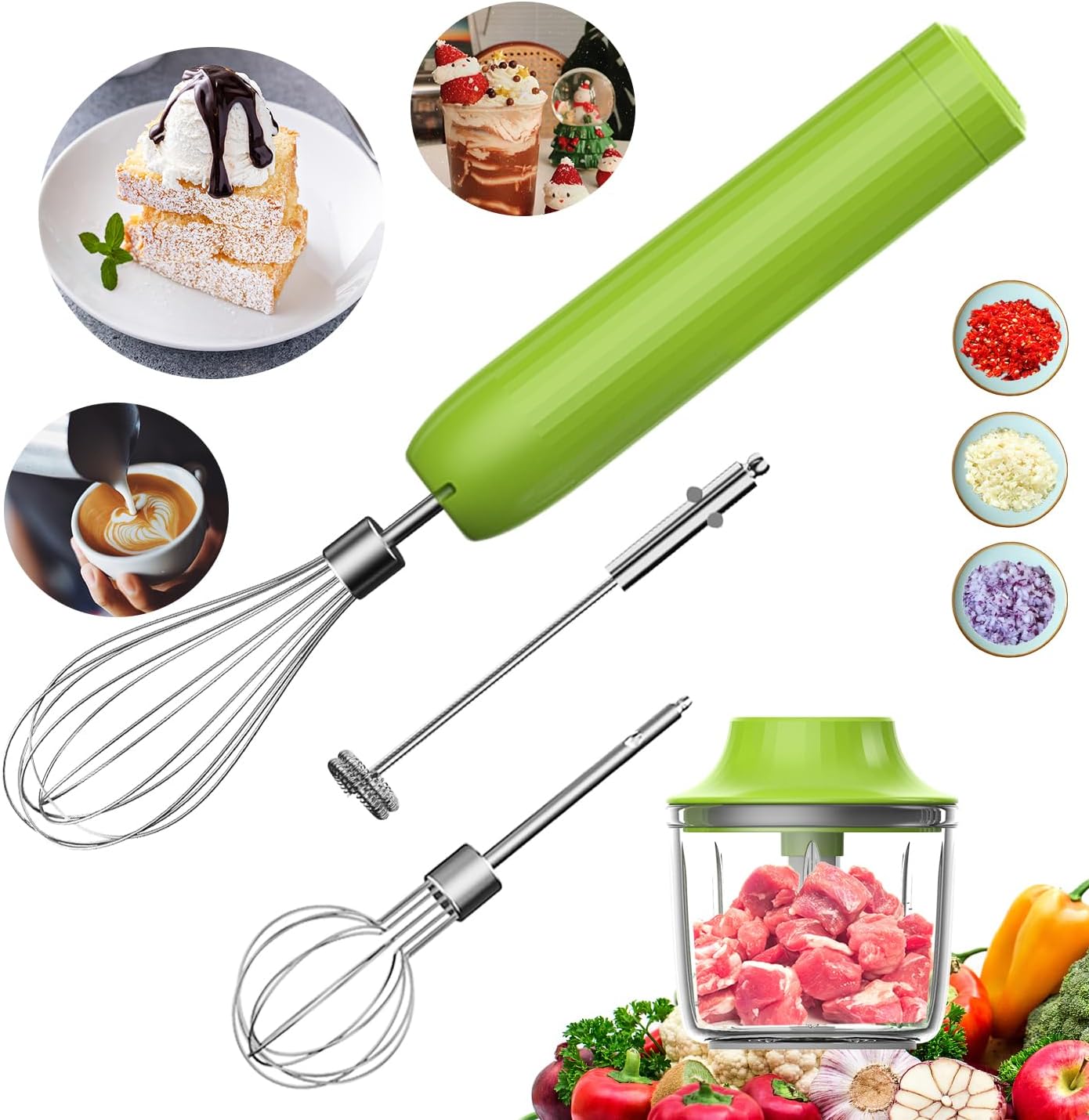 4-in-1 Cordless Hand Mixer with Whisk and Forther Wand,Electric Whisk, Milk Frother, Handheld Frother, hisker, Stirrers Electric,Coffee Frother,Food Chopper, Baby Food Maker,4-Speed, 10Oz