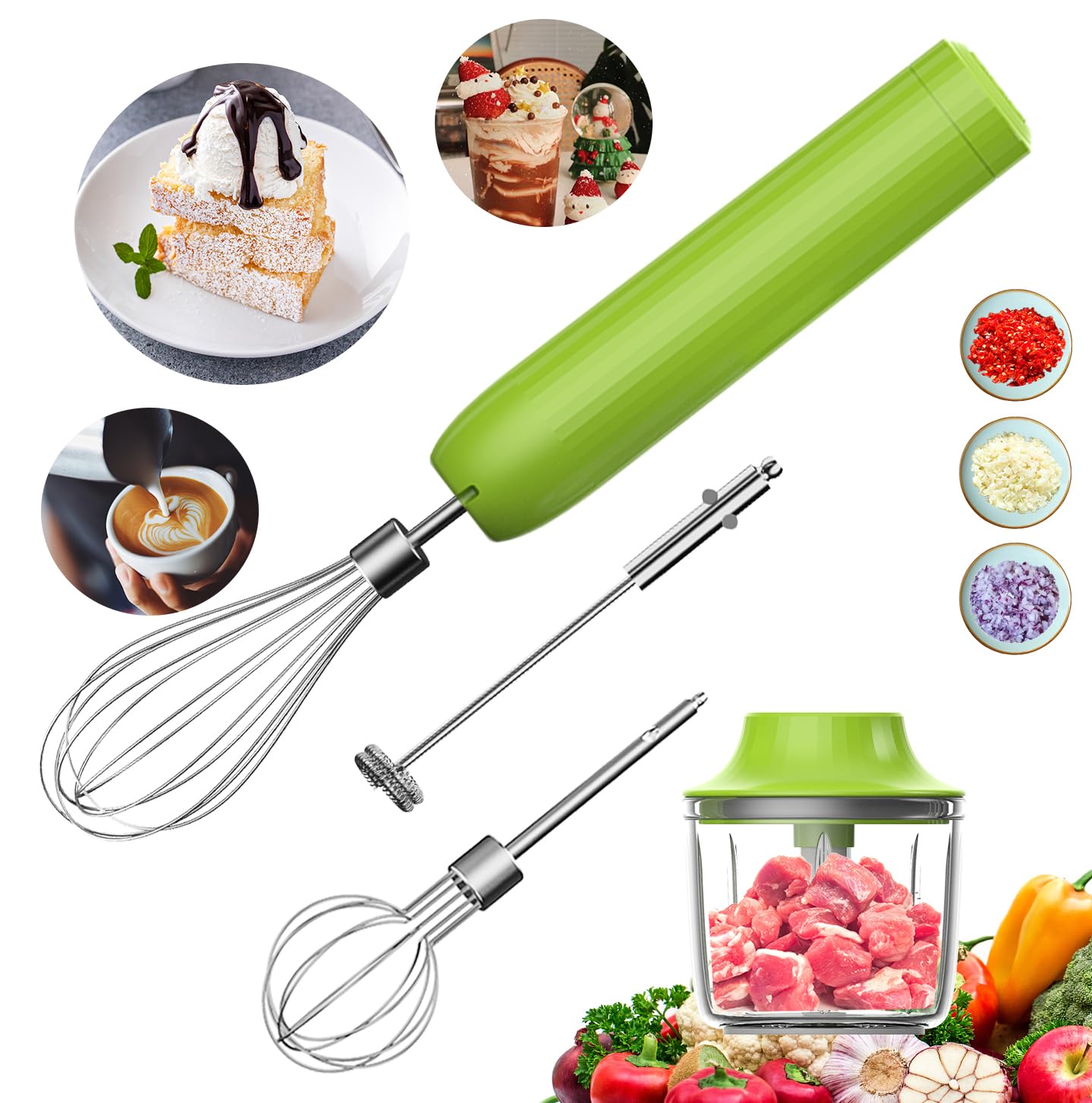 4-in-1 Cordless Hand Mixer with Whisk and Forther Wand,Electric Whisk, Milk Frother, Handheld Frother, hisker, Stirrers Electric,Coffee Frother,Food Chopper, Baby Food Maker,4-Speed, 10Oz