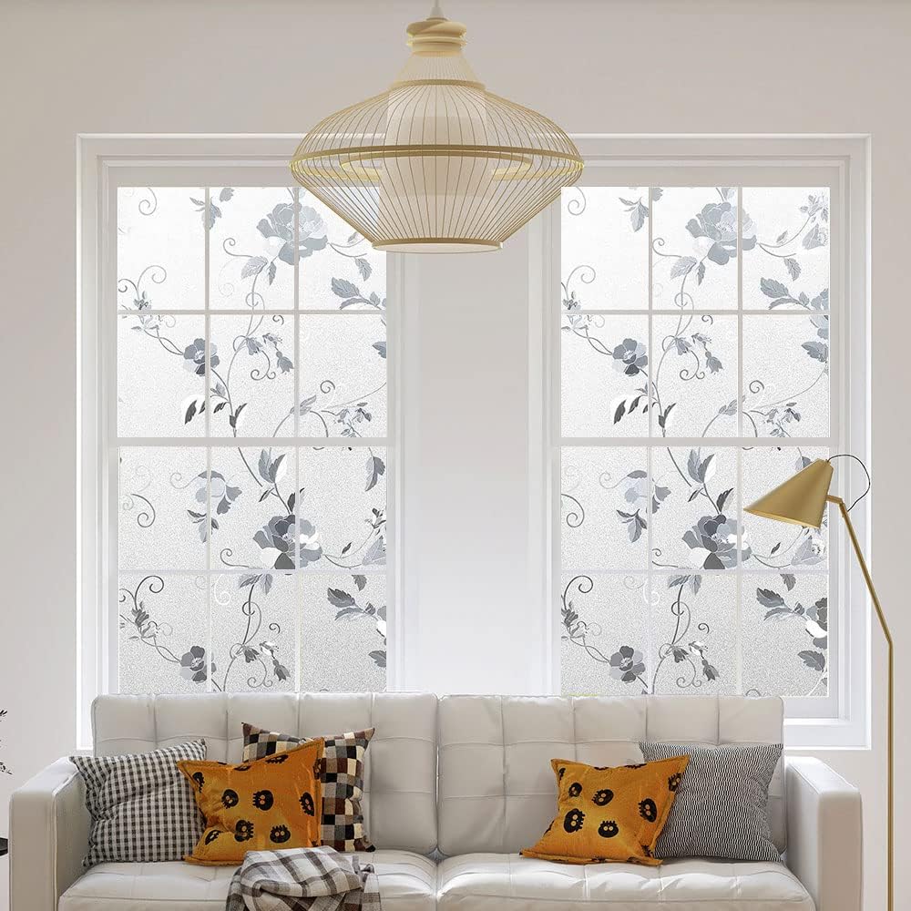 Frosted Window Privacy Film, Static Cling Decorative Glass Film, Anti UV Window Film Non-Adhesive Window Cling, Peony Flower, 23.6 x 78.7 inches