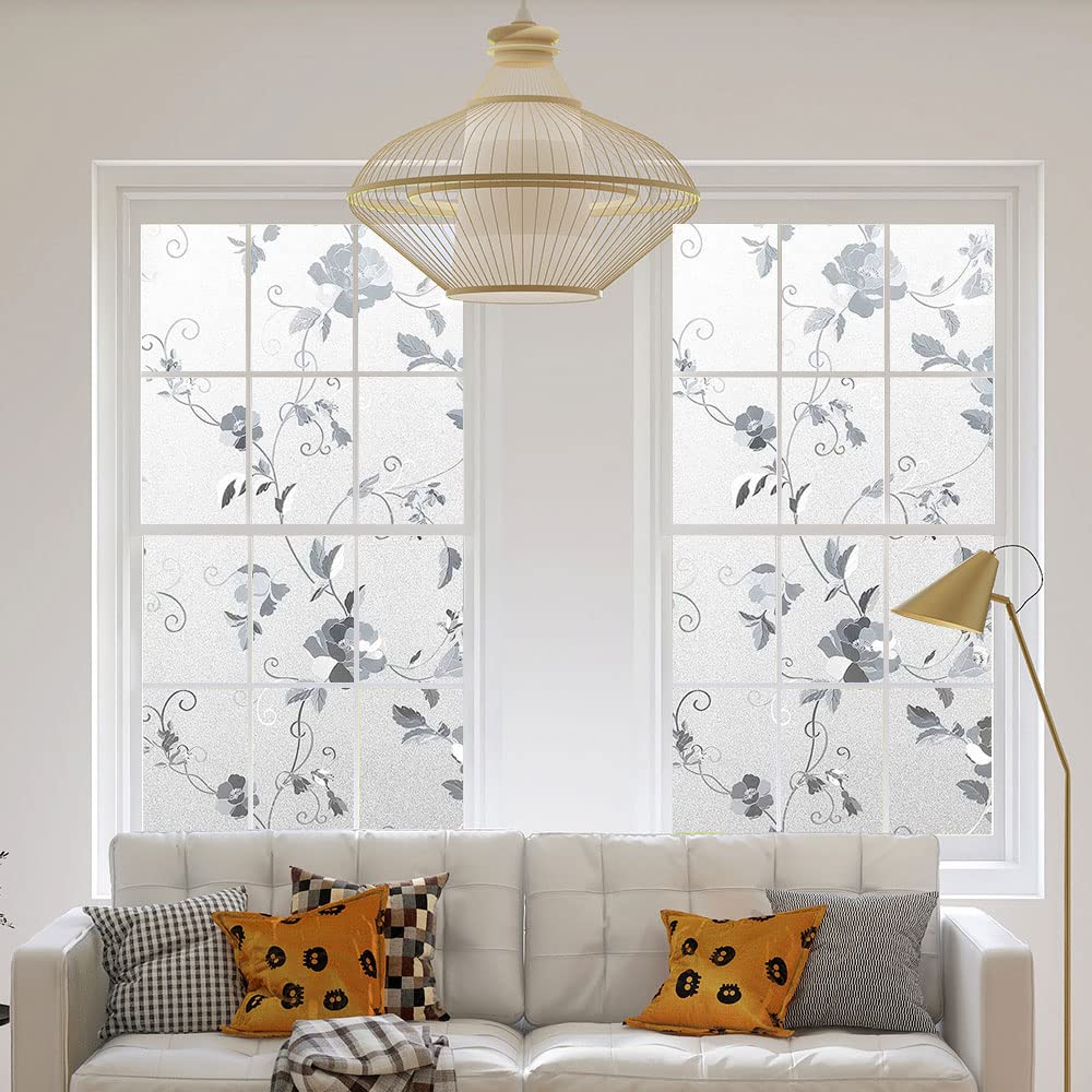 Frosted Window Privacy Film, Static Cling Decorative Glass Film, Anti UV Window Film Non-Adhesive Window Cling, Peony Flower, 17.5 x 78.7 inches
