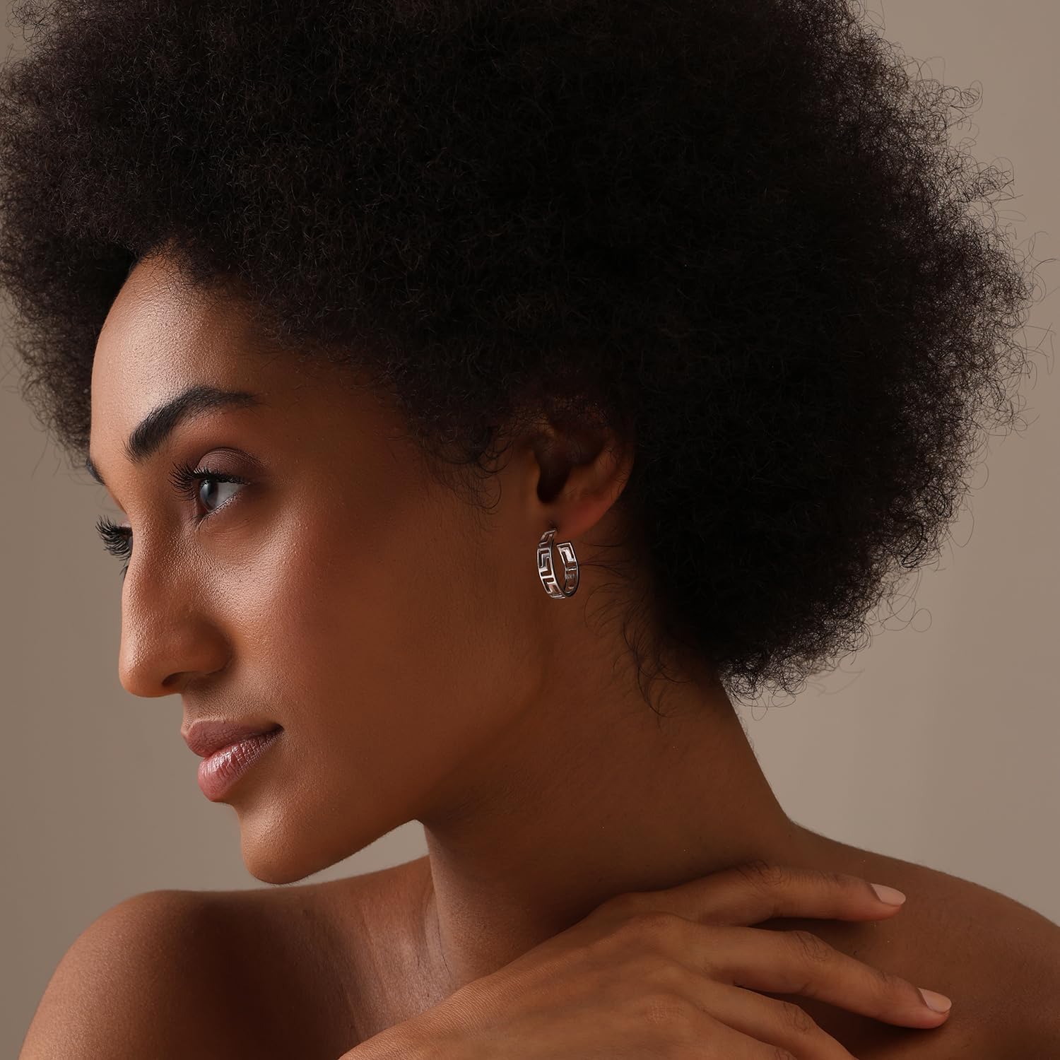 LeCalla 925 Sterling Silver Greek Key Hoop Earrings Lightweight Click-Top Greek Wall Cut-Out Pattern Earring Hoops for Women - Image 2