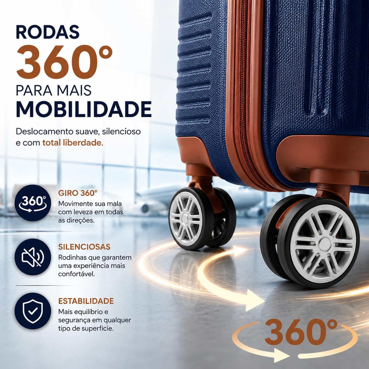 Imagem lateral do produto em um ambiente de aeroporto, com iluminação clara e um avião visível ao fundo.