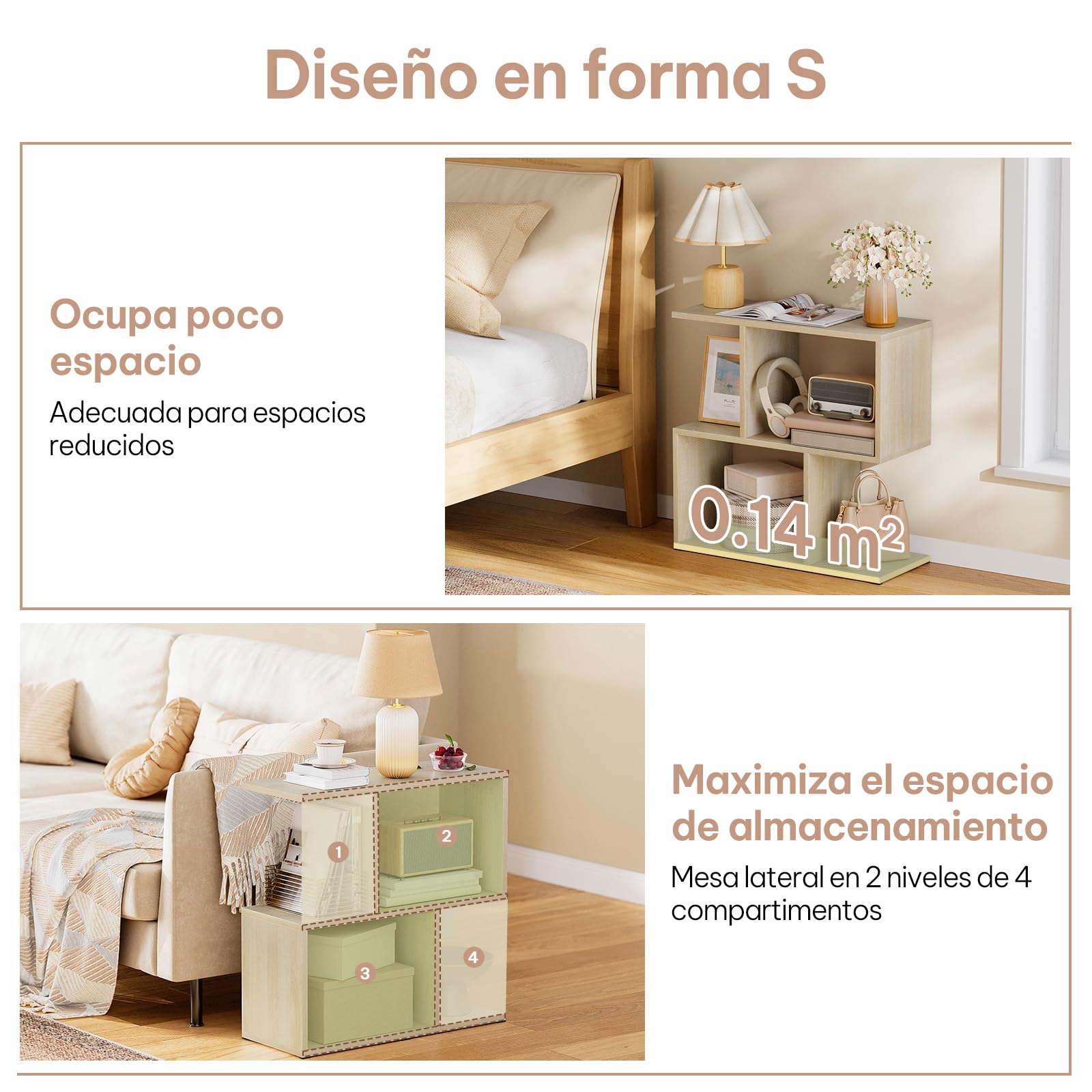 eSituro Mesa Auxiliar de Sofá, Mesita en Forma S, Mesa de Centro con 4 Estantes Abiertos, Mesita Auxiliar para Salón, Estudio, Dormitorio, Ahorro de Espacio, Roble Claro