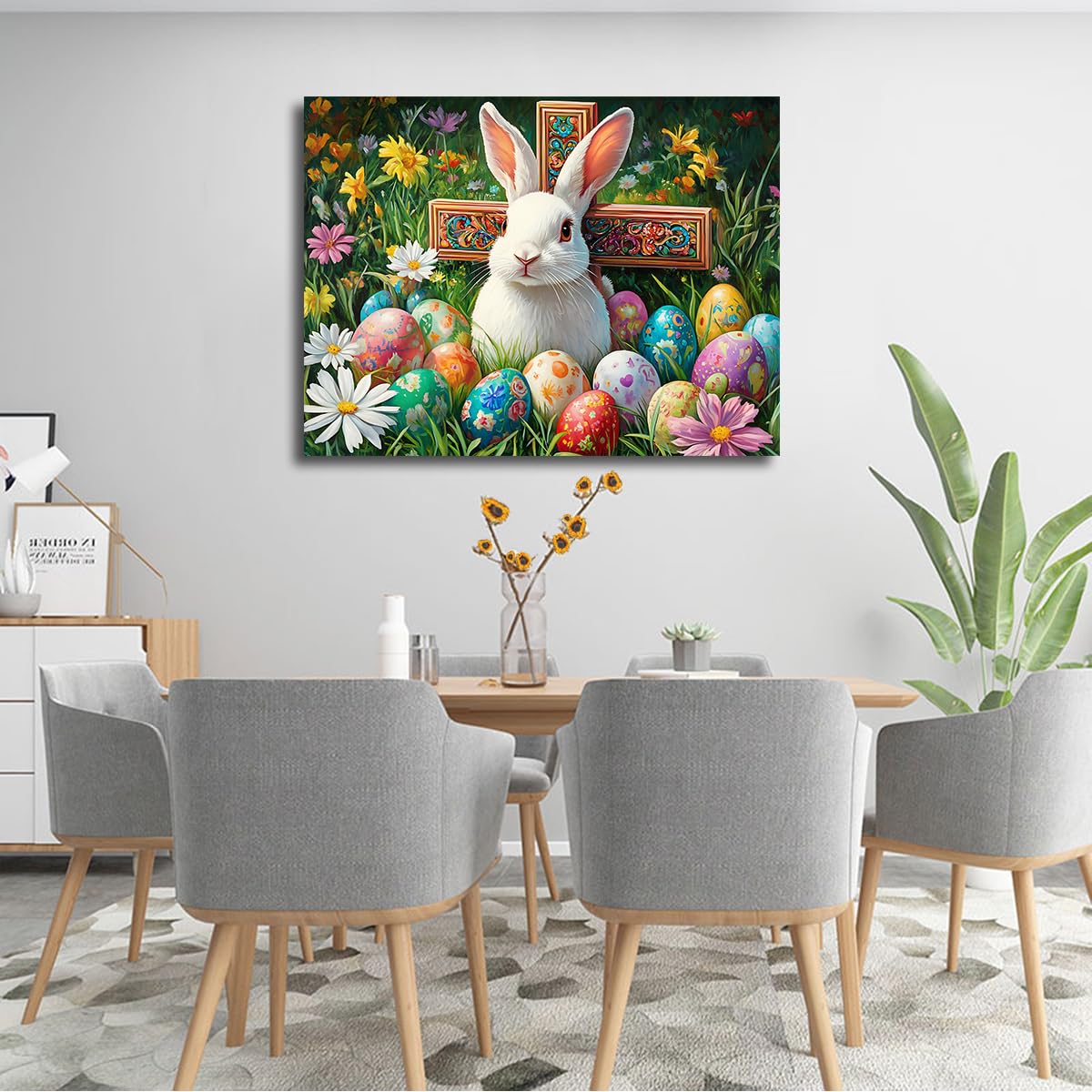SHENGPOSTER Kolorowe pisanki i wydruki na płótnie dzikie kwiaty do jasnej wiosennej dekoracji Świeży słoneczny design sztuka ścienna do jadalni ogrodu wewnętrzna rama 38 x 50 cm