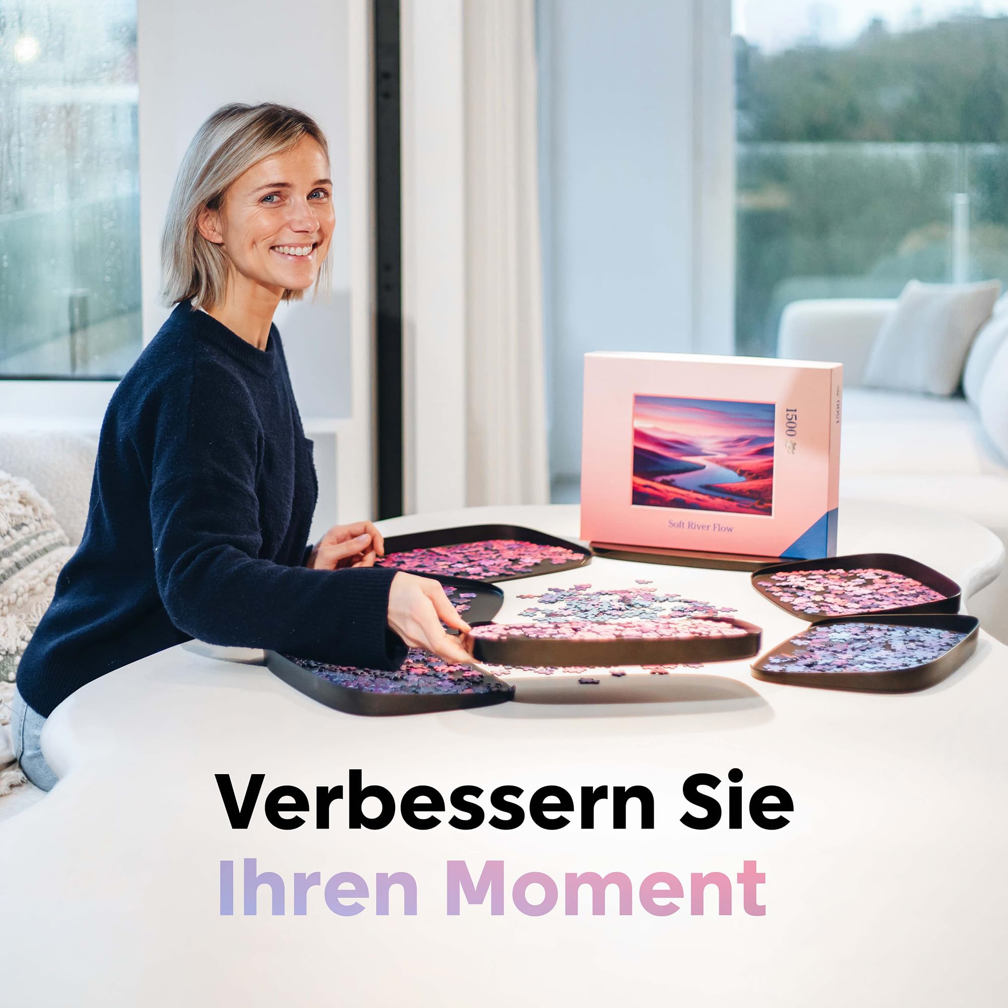 Puzzlup Stapelbare Puzzle Sortierschalen mit Box Anzeige auf Deckel – Set aus 6 Schalen – Bis zu 1500 Teile – Premium Puzzle Sortierer mit Offene Kanten Design