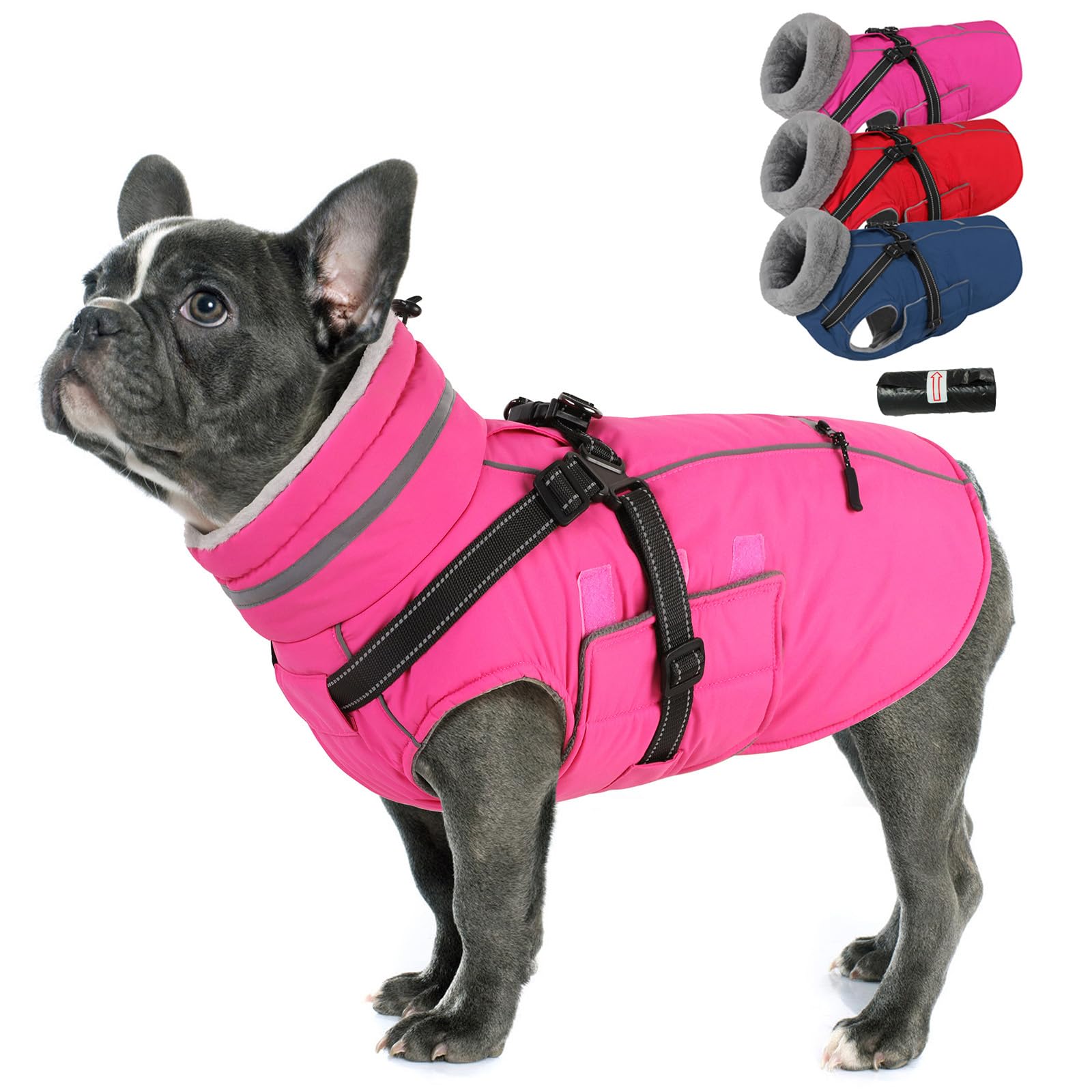 PETDSH - Chaqueta mediana para perro, arnés integrado con forro polar cálido, chaqueta reflectante impermeable para perro, abrigos para mascotas con bolsillo y bolsas de basura (rosa, M)