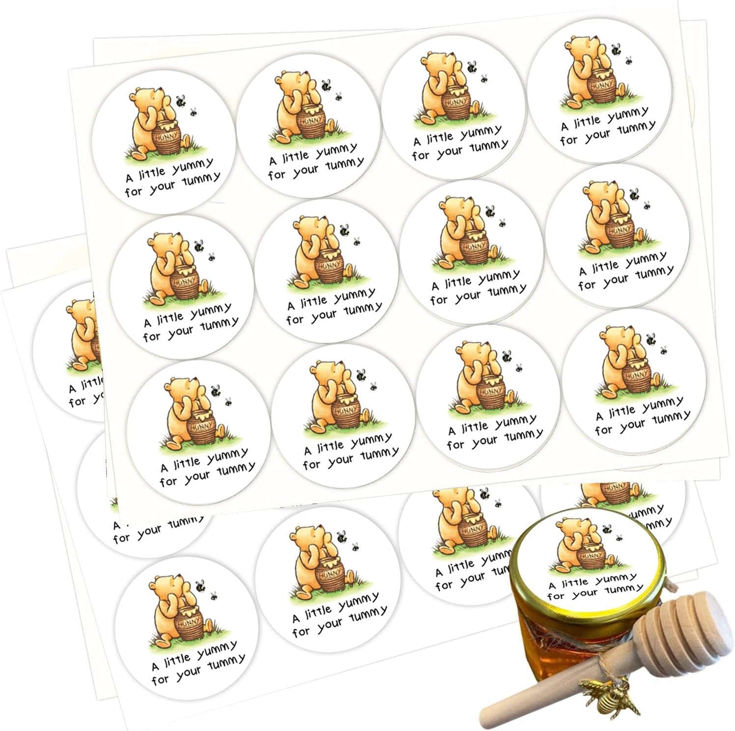 48Pcs Classic Winnie Stickers A Little Yummy for Your Tummy Honey Jar Stickers Labels The Pooh Baby Shower Decorations Bee Birthday Party Decorations Food Favors