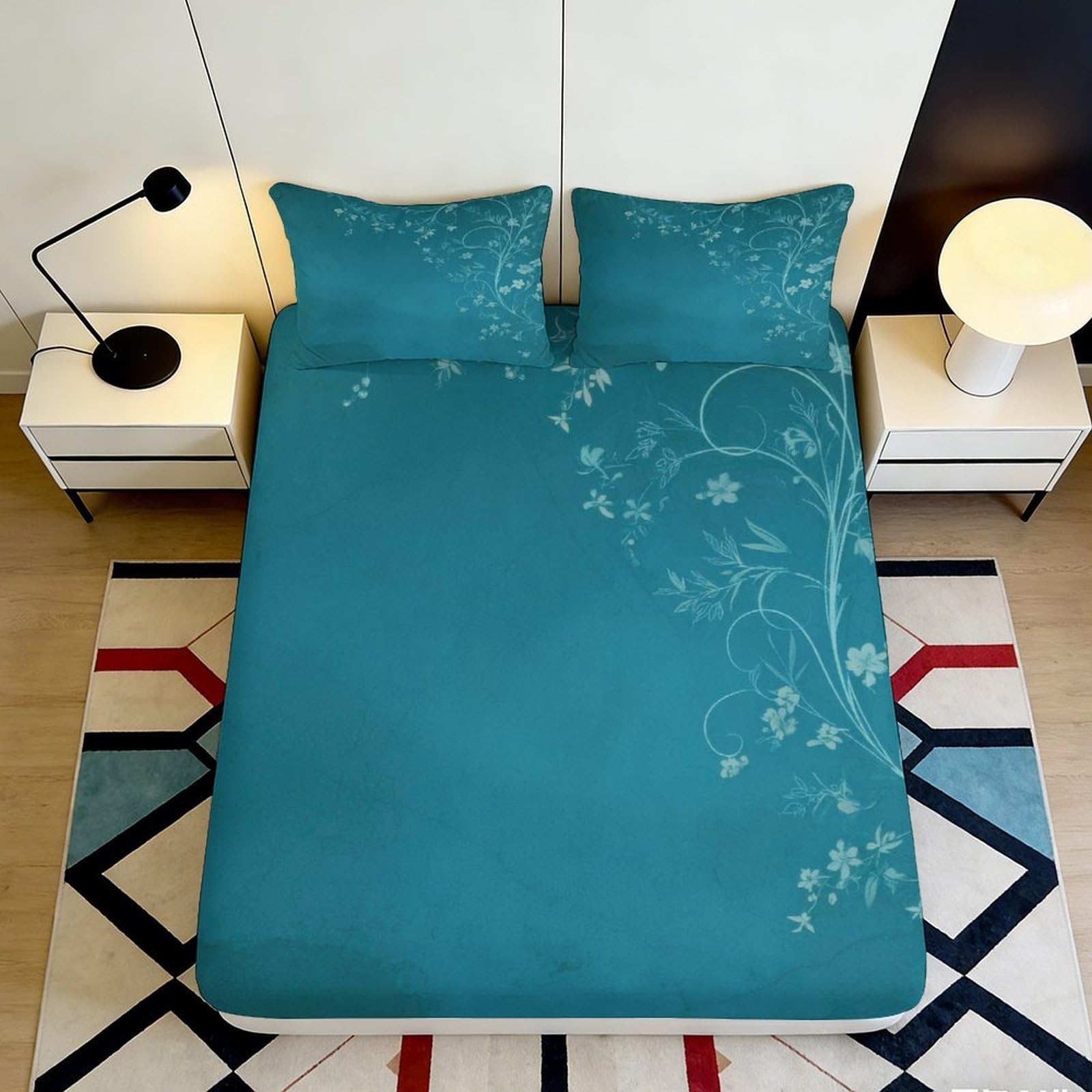 Qjzxknhpgr Style-7 3D Printed Teal Floral Fitted Sheet Microfiber Soft Bedroom Decor Botanical Mattress Cover For Adult Youth Guest Room 90X200x25cm