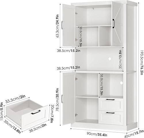 Miniatura 2 de HOSTACK Armario de despensa de cocina de granja de 76 pulgadas de alto, gabinete de bar de cocina con cajones y estantes, armario de almacenamiento