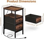 Lewondr End Table with Charging Station and LED Light, Narrow Side Table with 2 Fabric Drawers, Thin Nightstand with USB Ports for Bedside, Bedroom, Living Room, Small Spaces