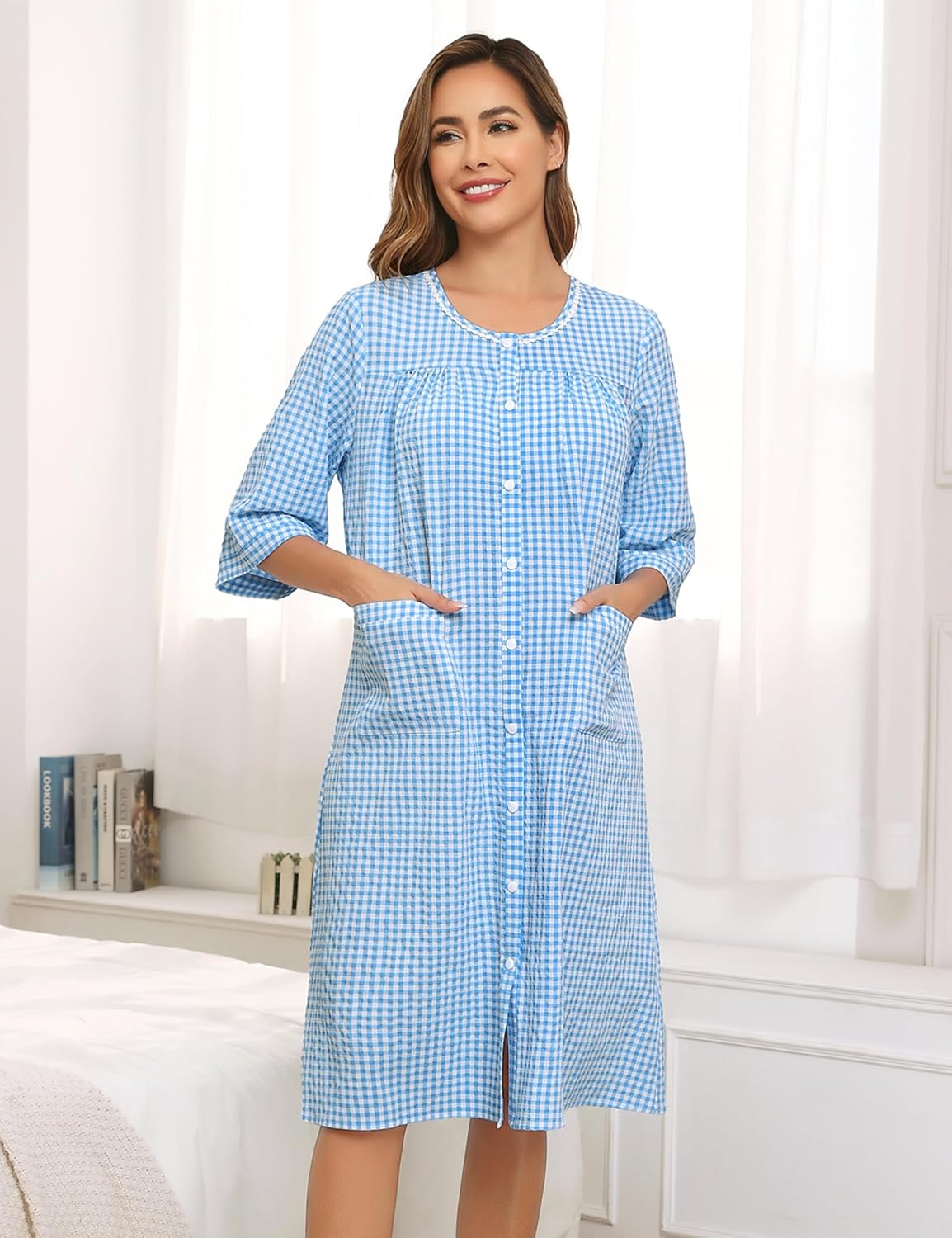YOZLY Nightgowns for Women Cotton Snap Front Housecoat 3/4 Sleeve Housecoat with Pockets S-3XL - Image 5