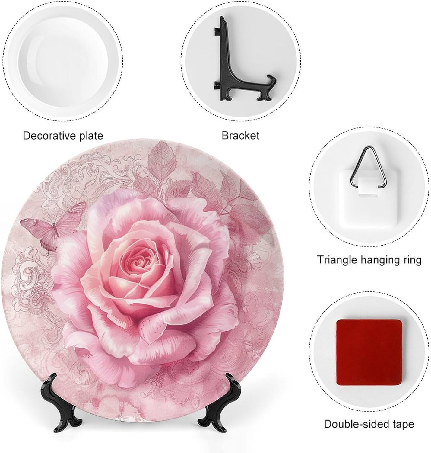 Delicate Peach Butterfly Ceramic Plate 10inch Decorative Bone China Wall Hanging Ornament Plates Bohemian Style Dinner Plate with Display Stand Cabinet Display Plates for Home Art Decor