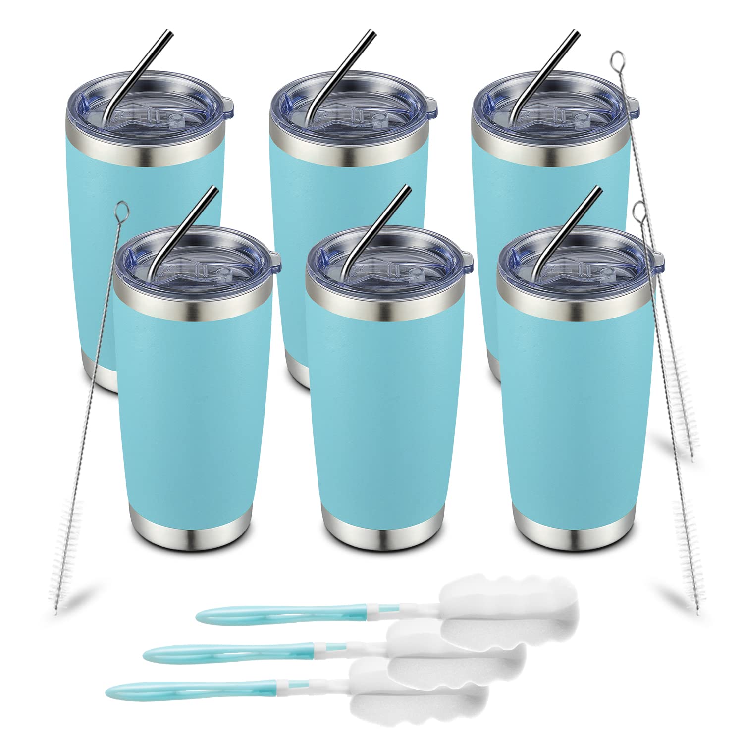 COMOOO20oz 6 Pack Double Wall Vacuum Insulated Travel Mug, Stainless Steel Tumbler with Lid, Durable Powder Coated Insulated Coffee Cup for Cold & Hot Drinks (Light Blue, 6 Pack)