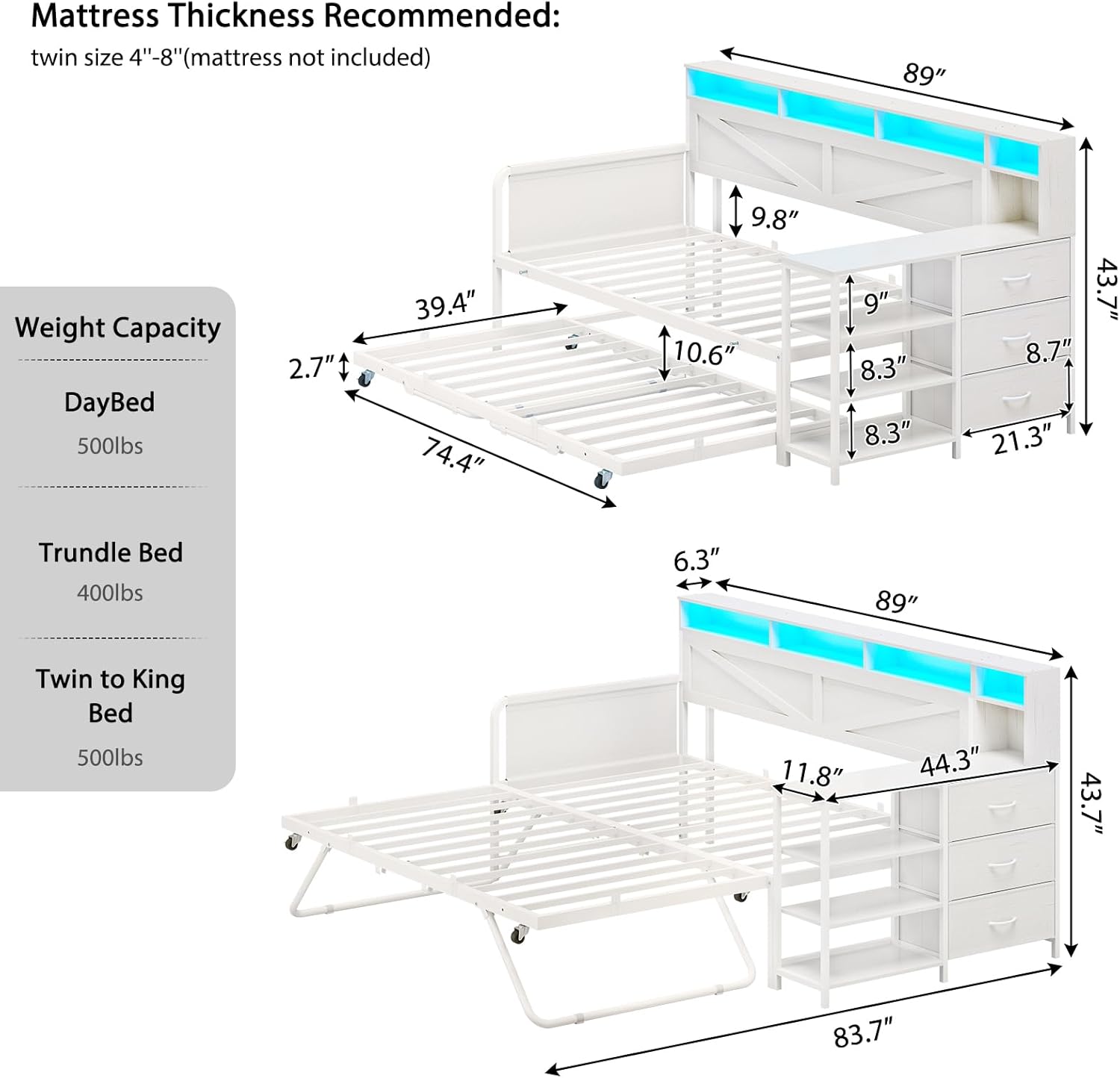 VIAGDO Daybed Twin with Pop Up Trundle, Farmhouse Wooden Day Bed Frame with 3 Storage Drawers and Shelves, Twin to King Daybed with Charging Station and LED Lights for Bedroom, Guest Room, White