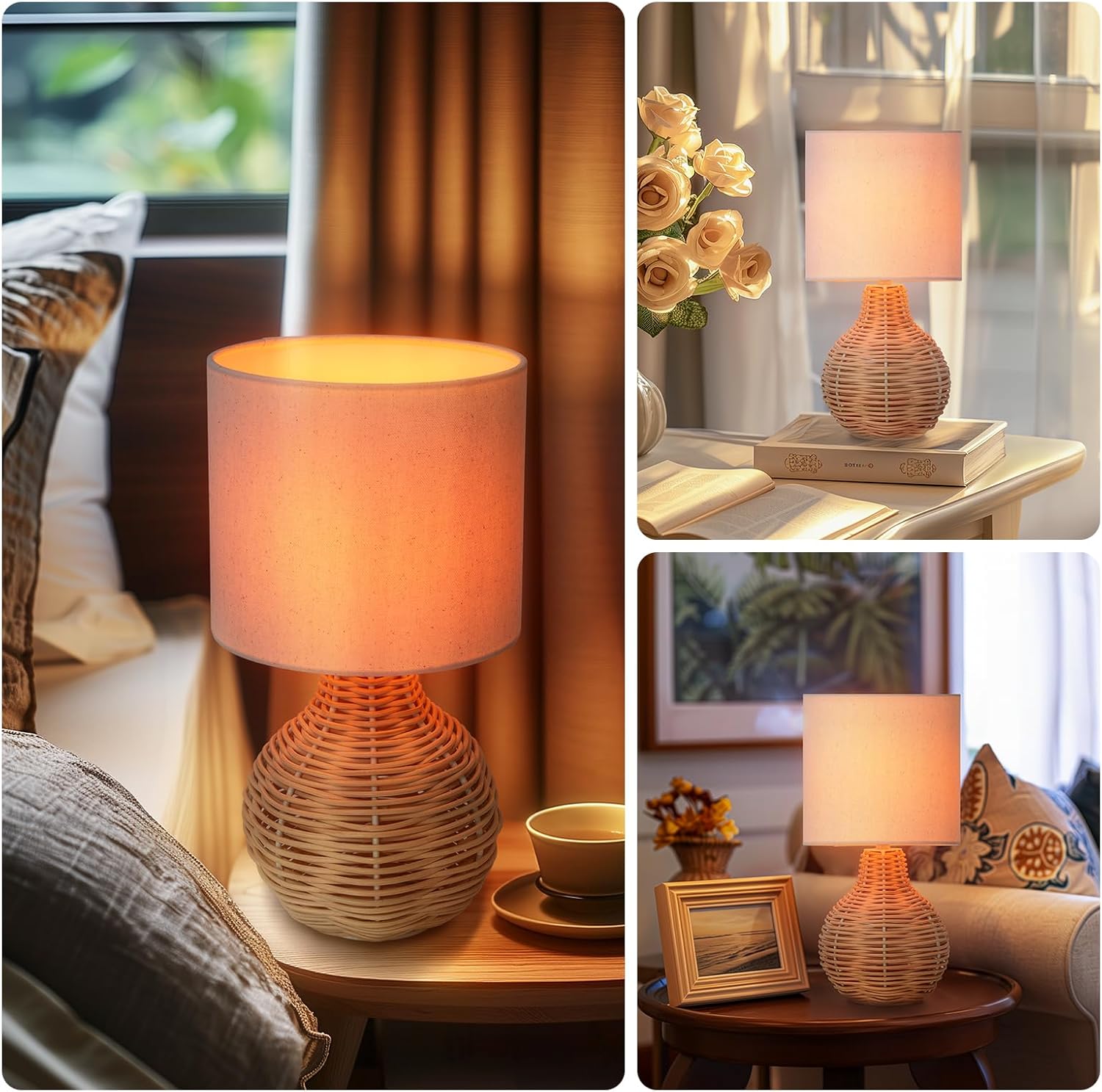 Rattan Table Lamp, Vintage Wicker Wooden Nightstand Lamp Set of 2, Boho Bamboo Woven End Table Lamp for Bedroom Living Room Desk Room