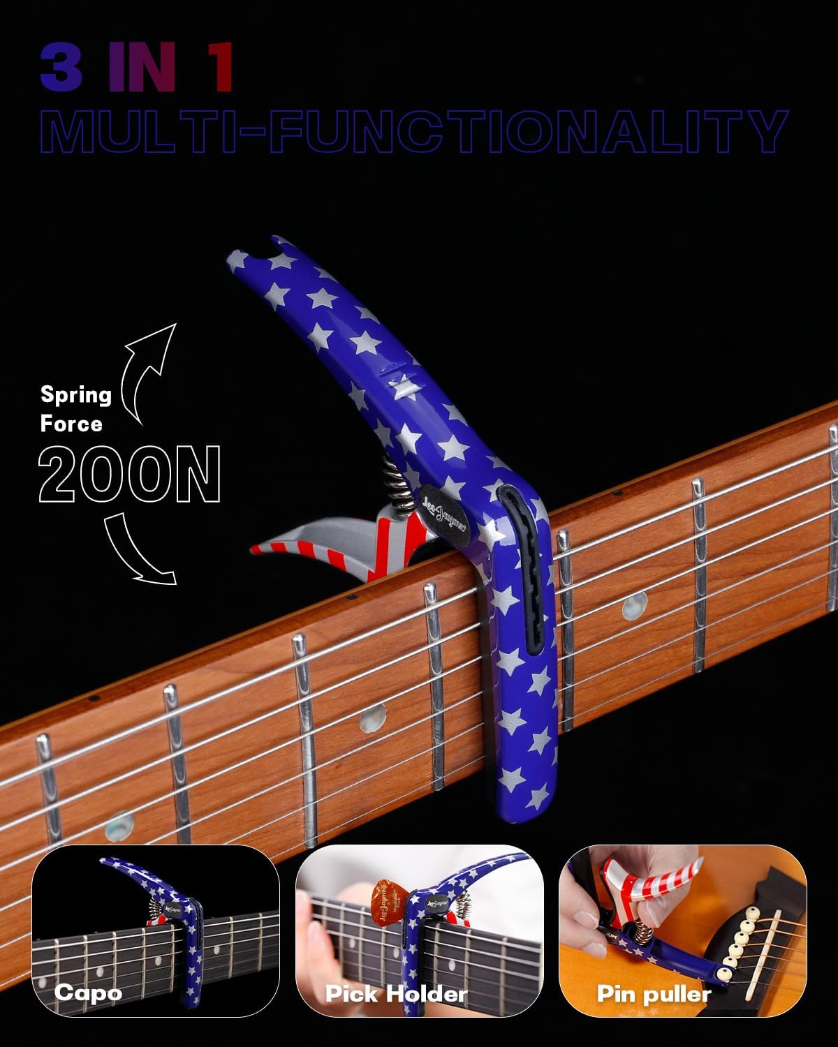 Leo Jaymz Heavy Duty Guitar Capo for Acoustic/Electric Guitars, Guitar Clip made of Zinc Alloy Metal, Guitar Clamp for Bass Classical Guitar, Ukulele, Mandolin,Banjo (Stars and Stripes)
