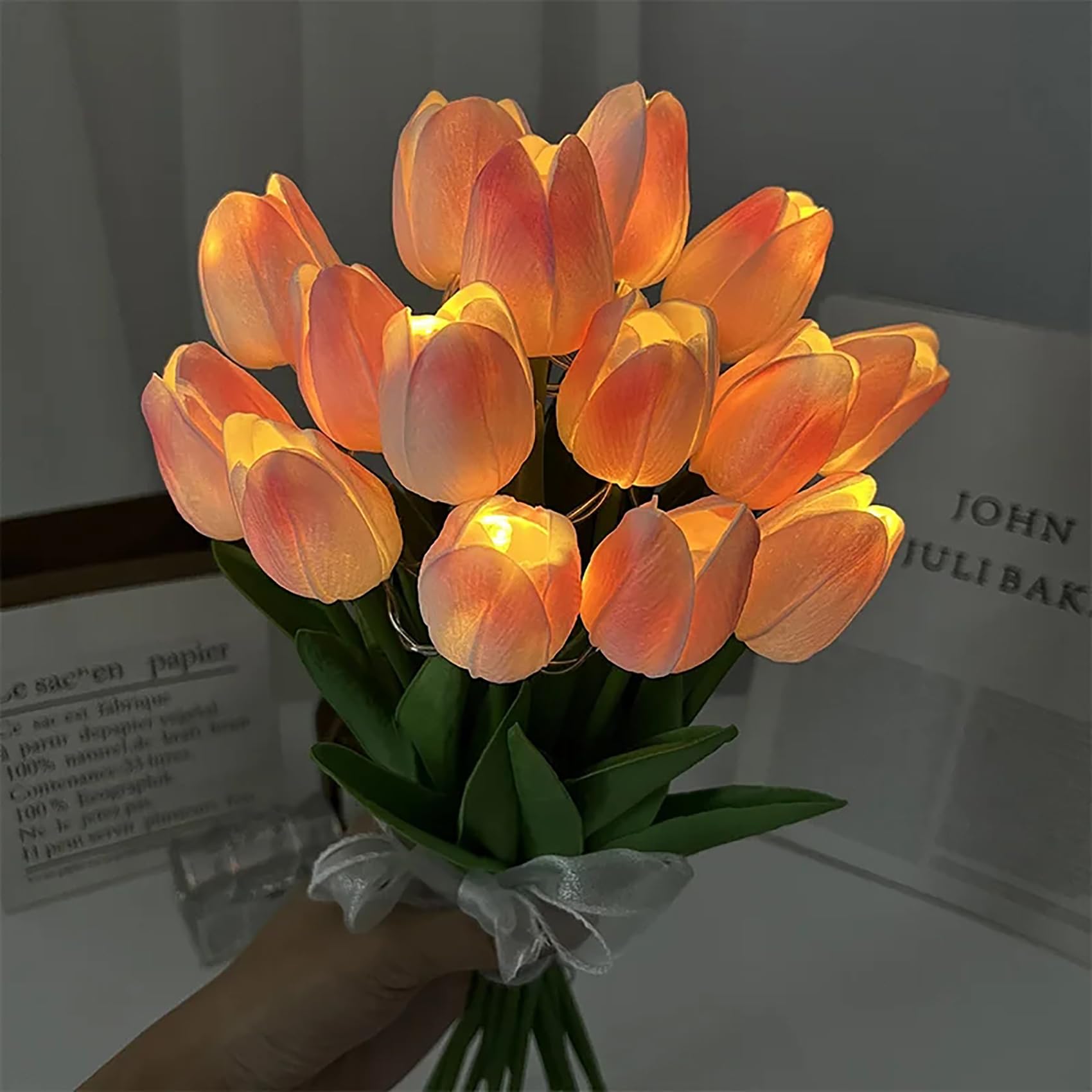 DINOWIN Artificial Tulip Flowers LED Lights Fake Tulips Bouquet Battery Powered Real Touch Led Night Light for Home Office Table Centerpiece Wedding (Pink+White, 15 PCS)