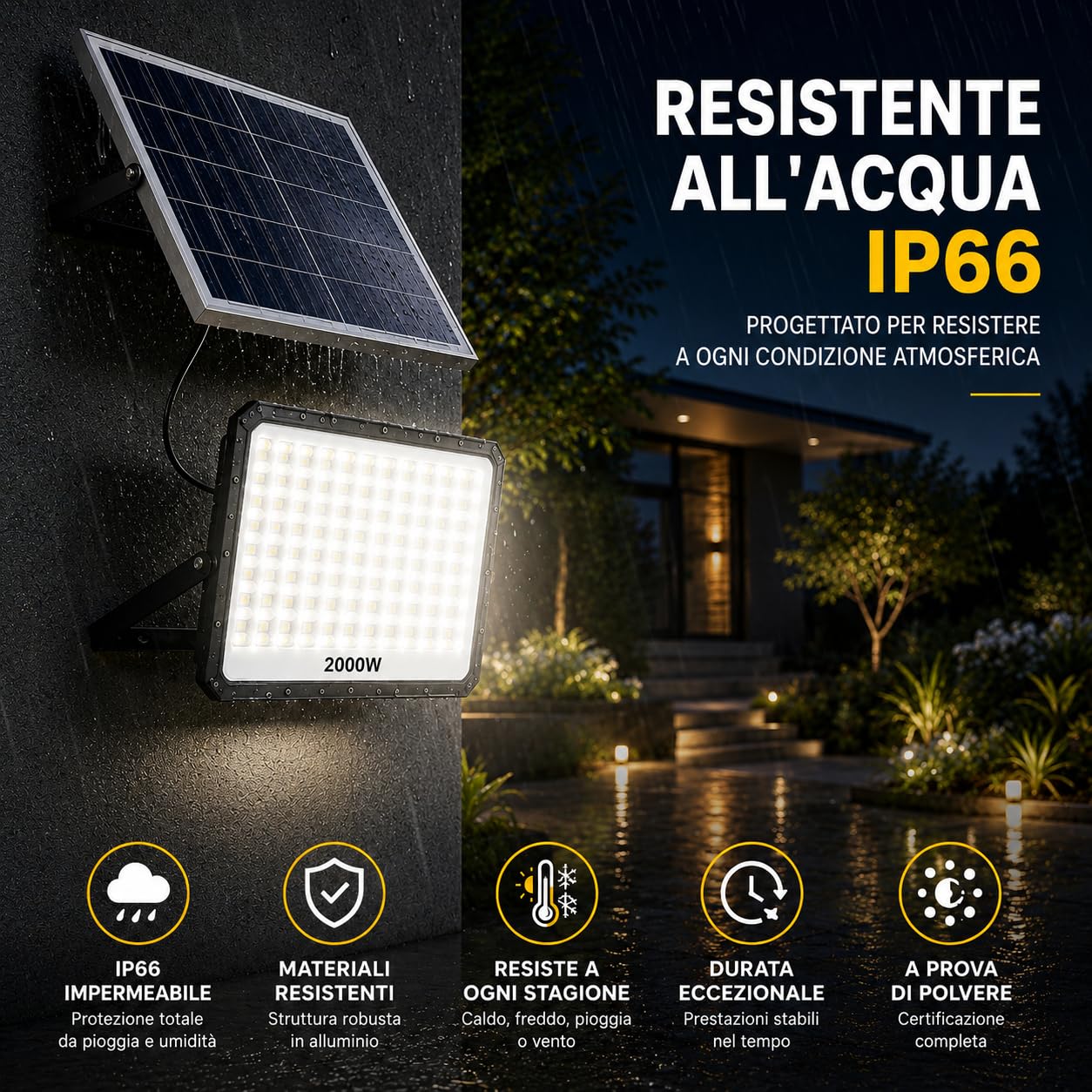 Faretto LED da Esterno Solare 2000W con Pannello Solare e Telecomando, Faro LED Esterno con Pannello Solare IP66, Luce Solare da Esterno per Giardino Cortile Sicurezza [Classe di efficienza energetica