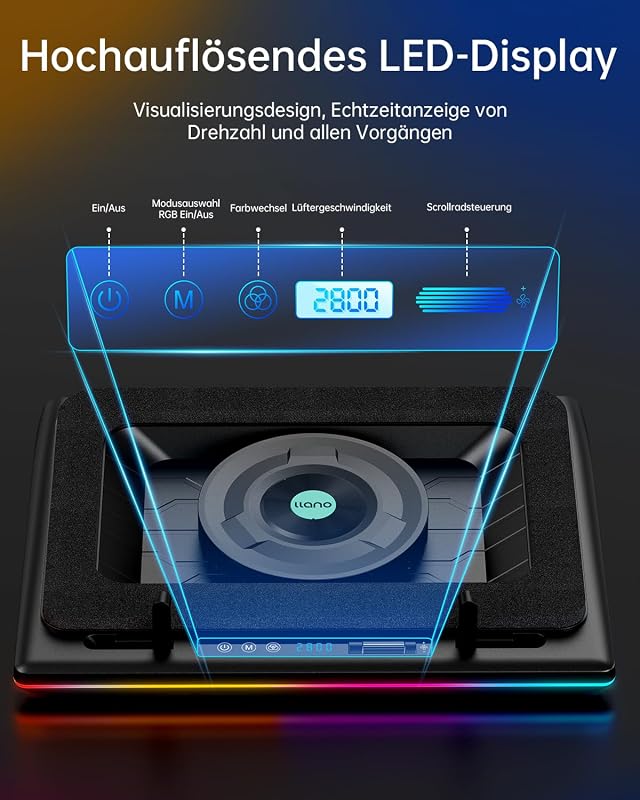 llano RGB Gaming Laptop Cooler 15-19 Hüvelykes Notebookhoz Turbó Ventilátorral és USB Hub-bal