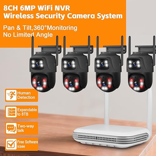 Miniatura 2 de Sistema de cámara de seguridad NVR de 8 canales, grabadora NVR de vigilancia con 4 cámaras de seguridad de doble lente de 6MP grabación 24/7, visión